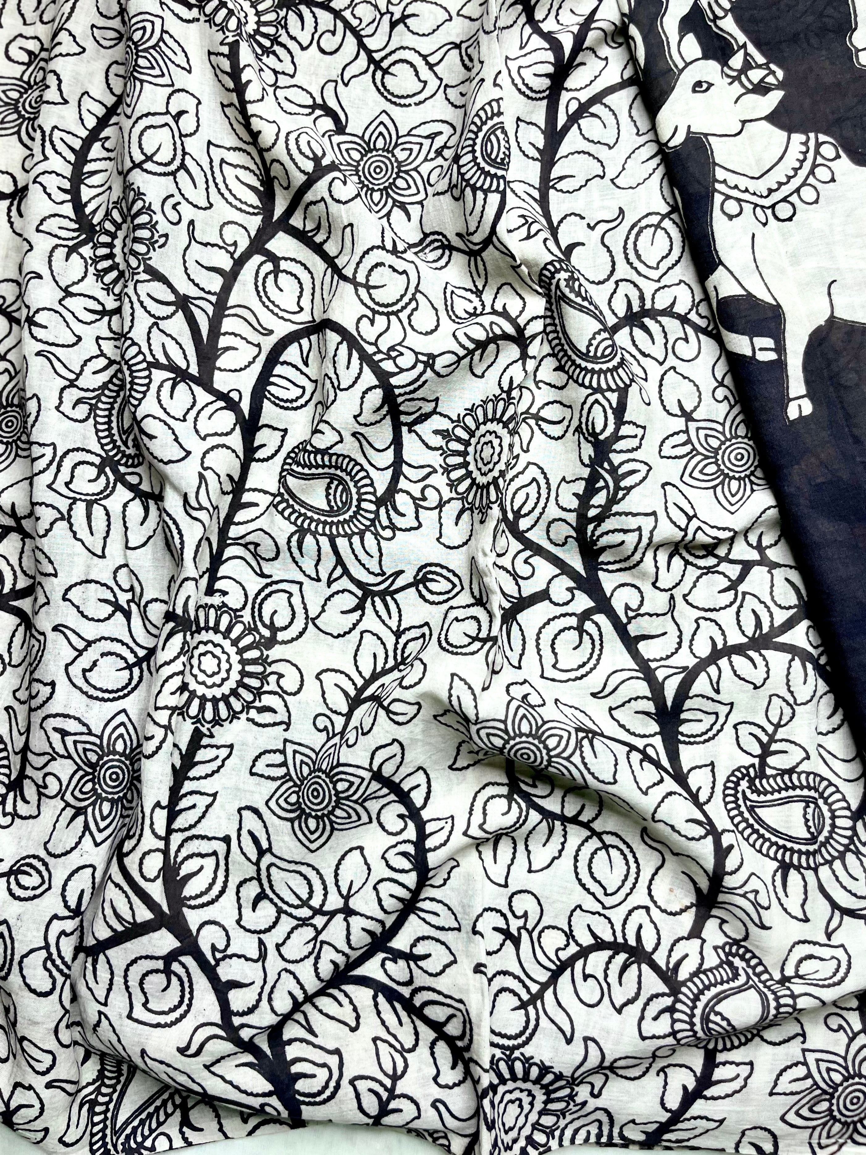 Handcrafted Kalamkari Cotton Saree - Smokey Black + Soft Cream