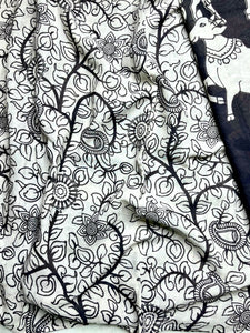 Handcrafted Kalamkari Cotton Saree - Smokey Black + Soft Cream
