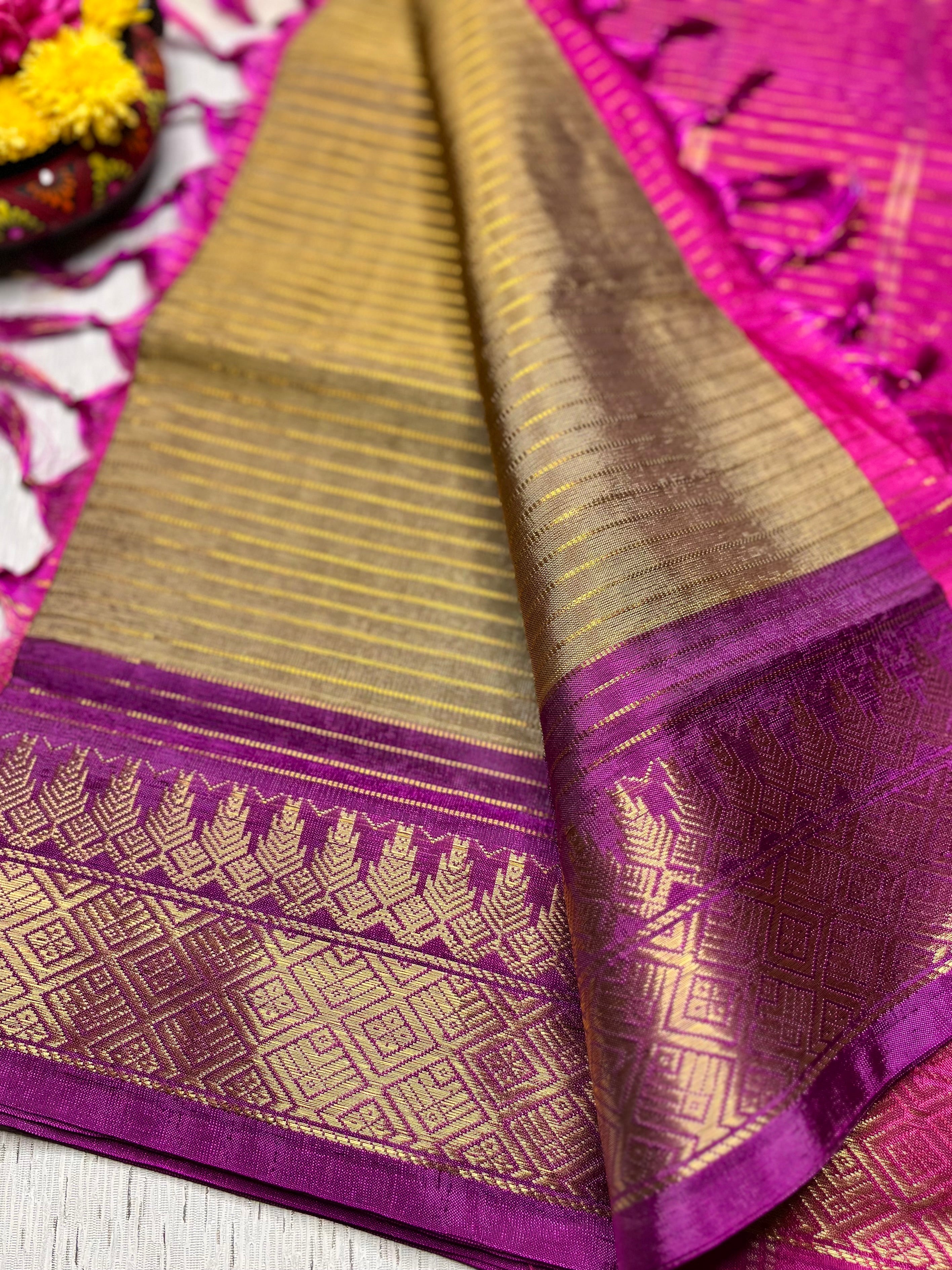 Handwoven Art Silk Saree -  Husk Brown + French Rose