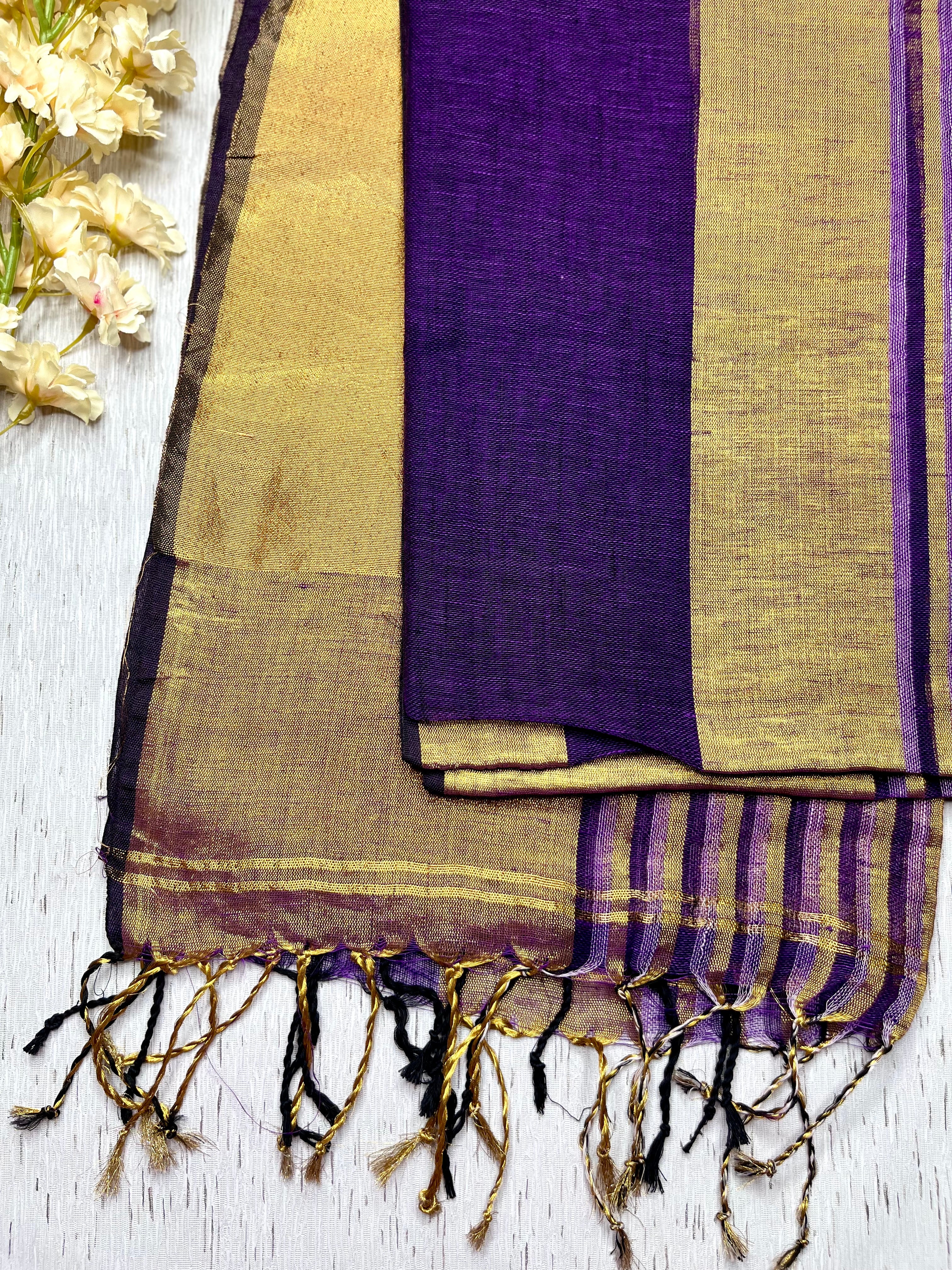 Handwoven Linen Saree - Persian Violet + Gold