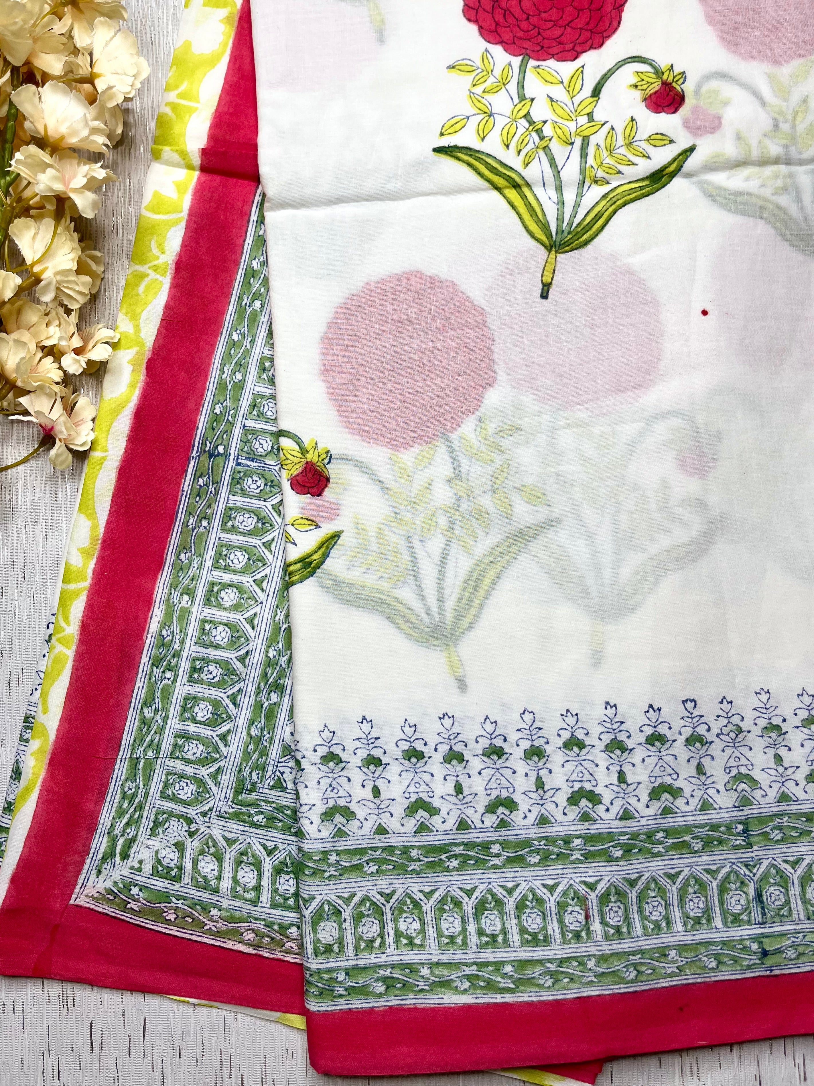 Handblock Printed Cotton Saree -  Titan White + Soft Green