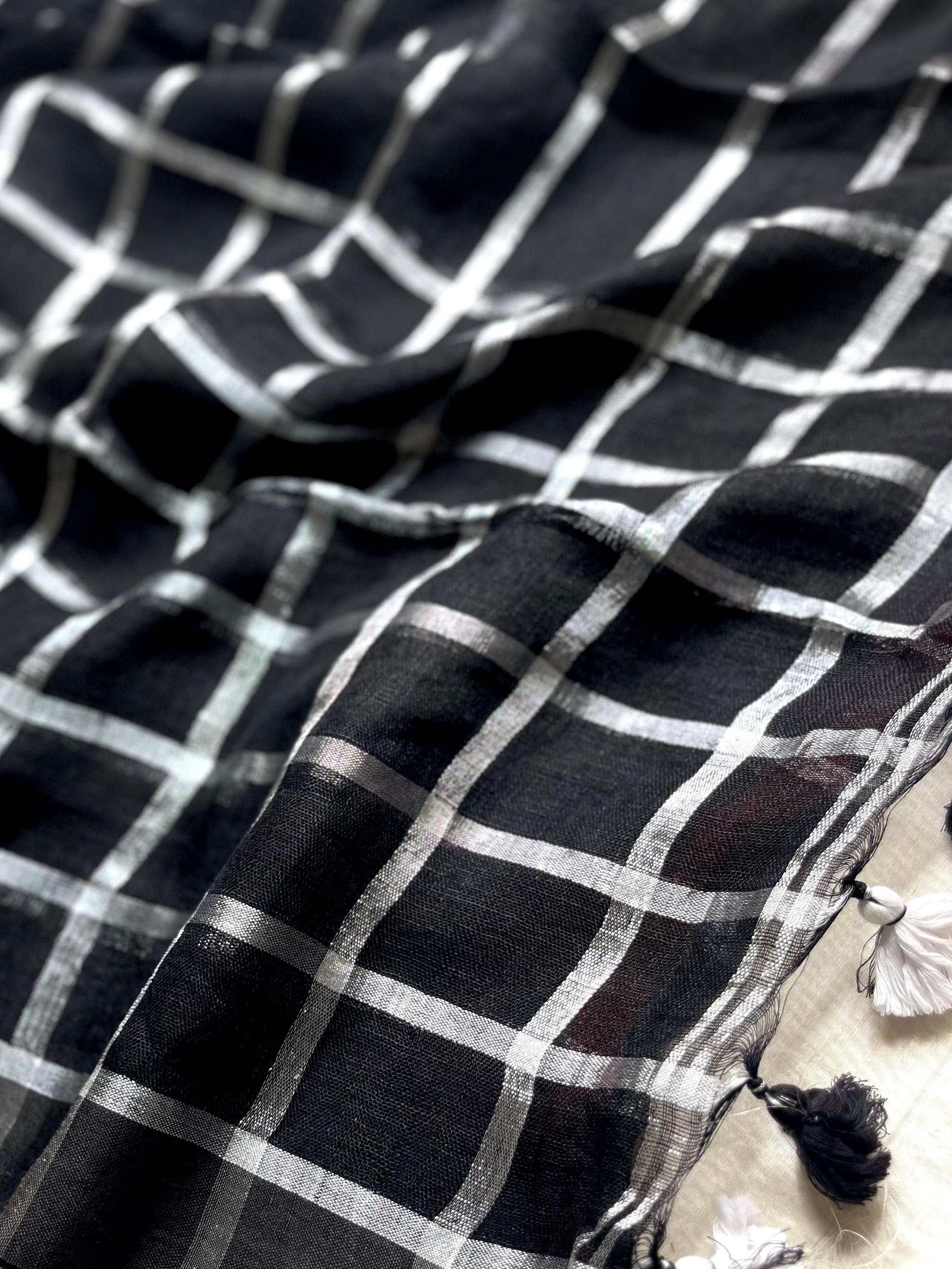 Handwoven Linen Saree - Black Pearl + Silver