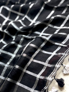 Handwoven Linen Saree - Black Pearl + Silver