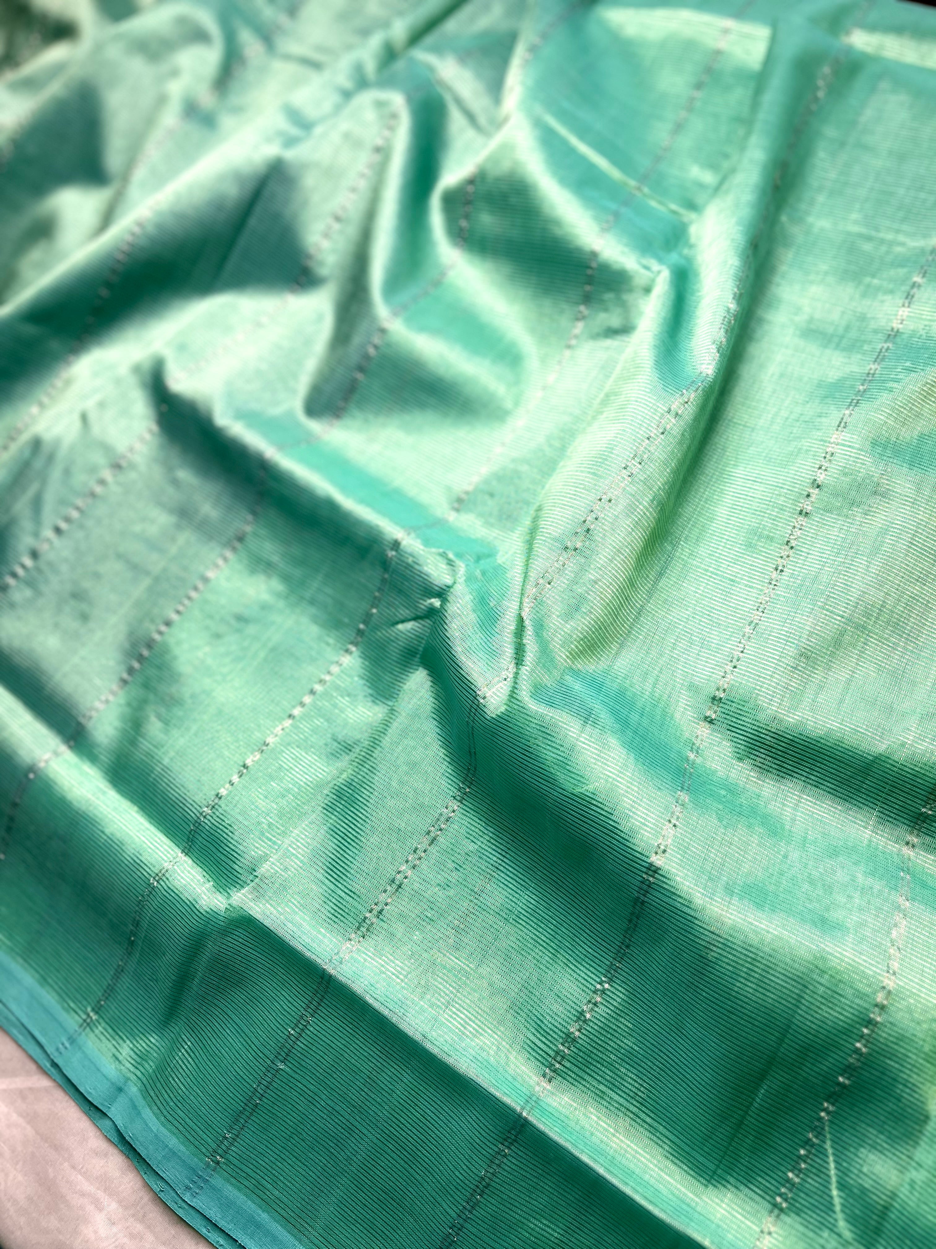 Handwoven Mangalgiri Silk Cotton Saree - Aqua Green + Havelock Blue