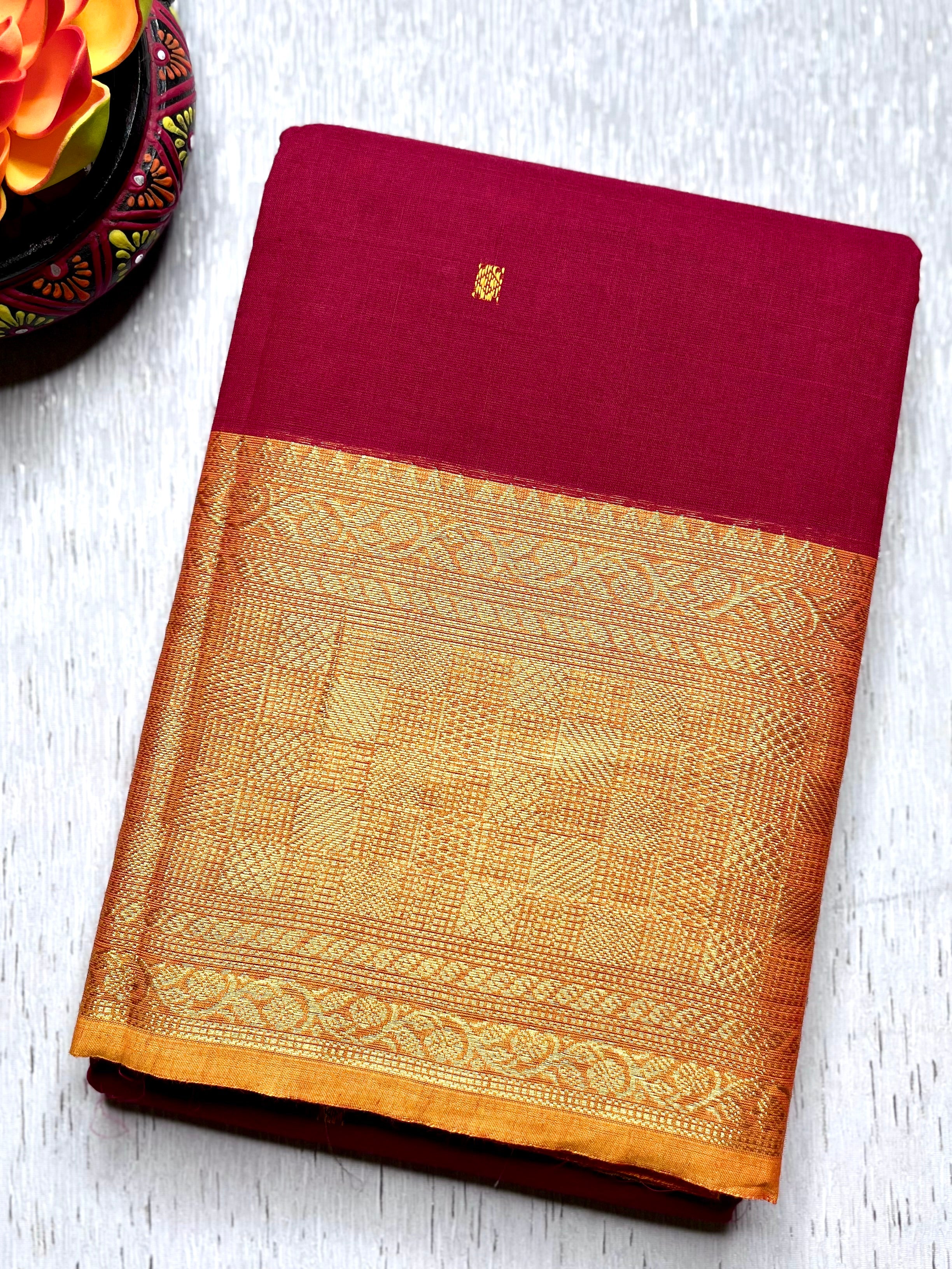 Chettinad Cotton Saree - Flush Maroon + Apricot yellow
