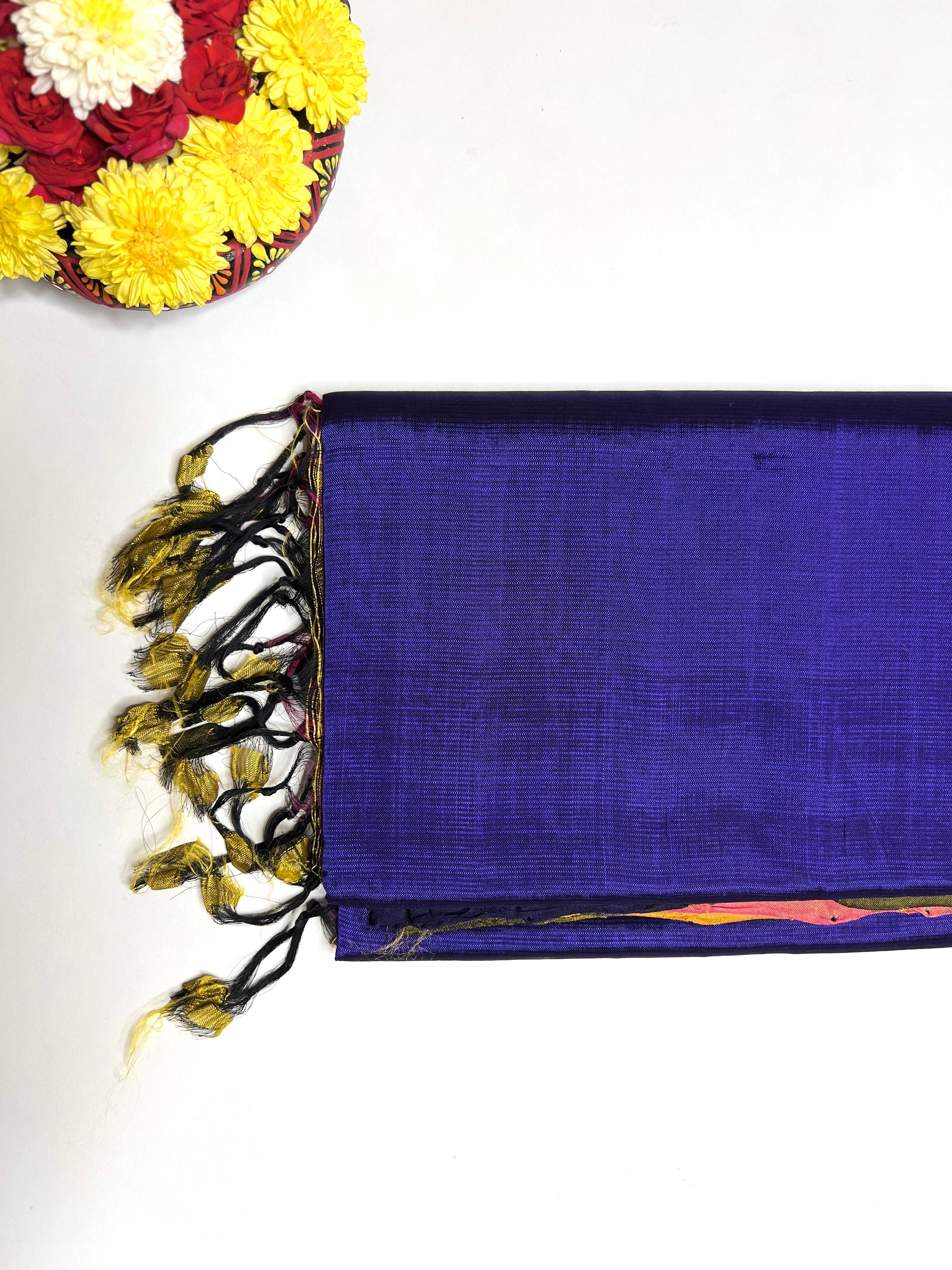 Handwoven Silk Cotton Saree - Royal Midnight Blue + Bright Sun