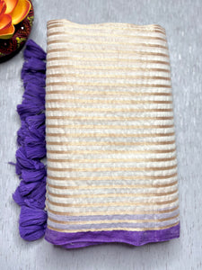Handwoven Cotton Saree - Pearl White + Royal Purple