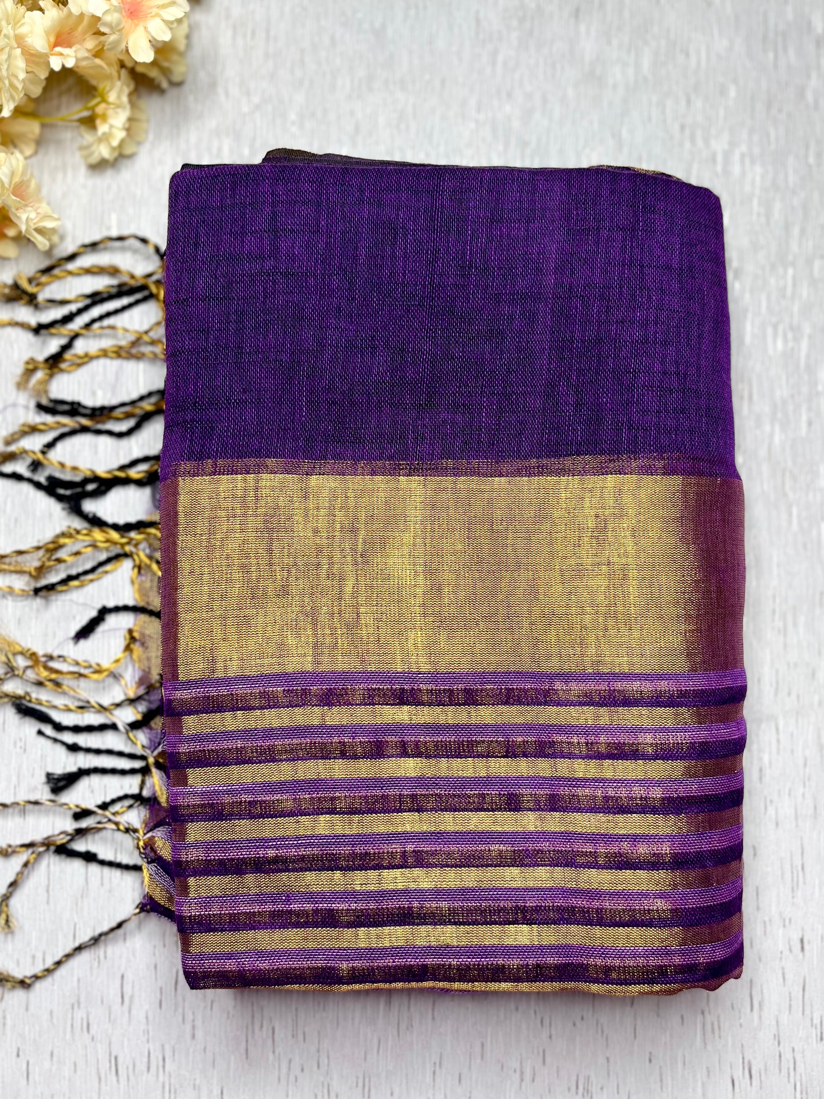 Handwoven Linen Saree - Persian Violet + Gold
