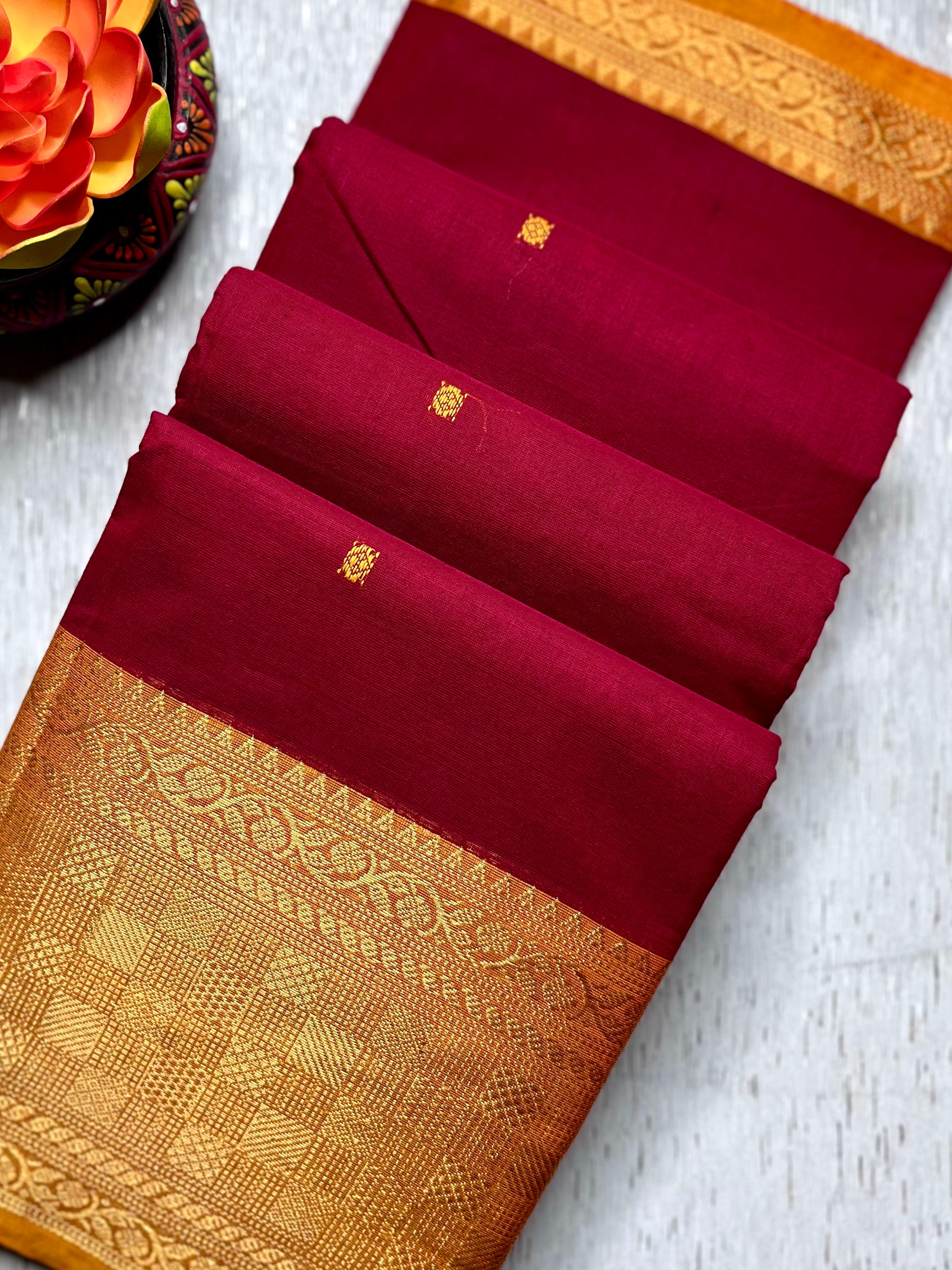 Chettinad Cotton Saree - Flush Maroon + Apricot yellow