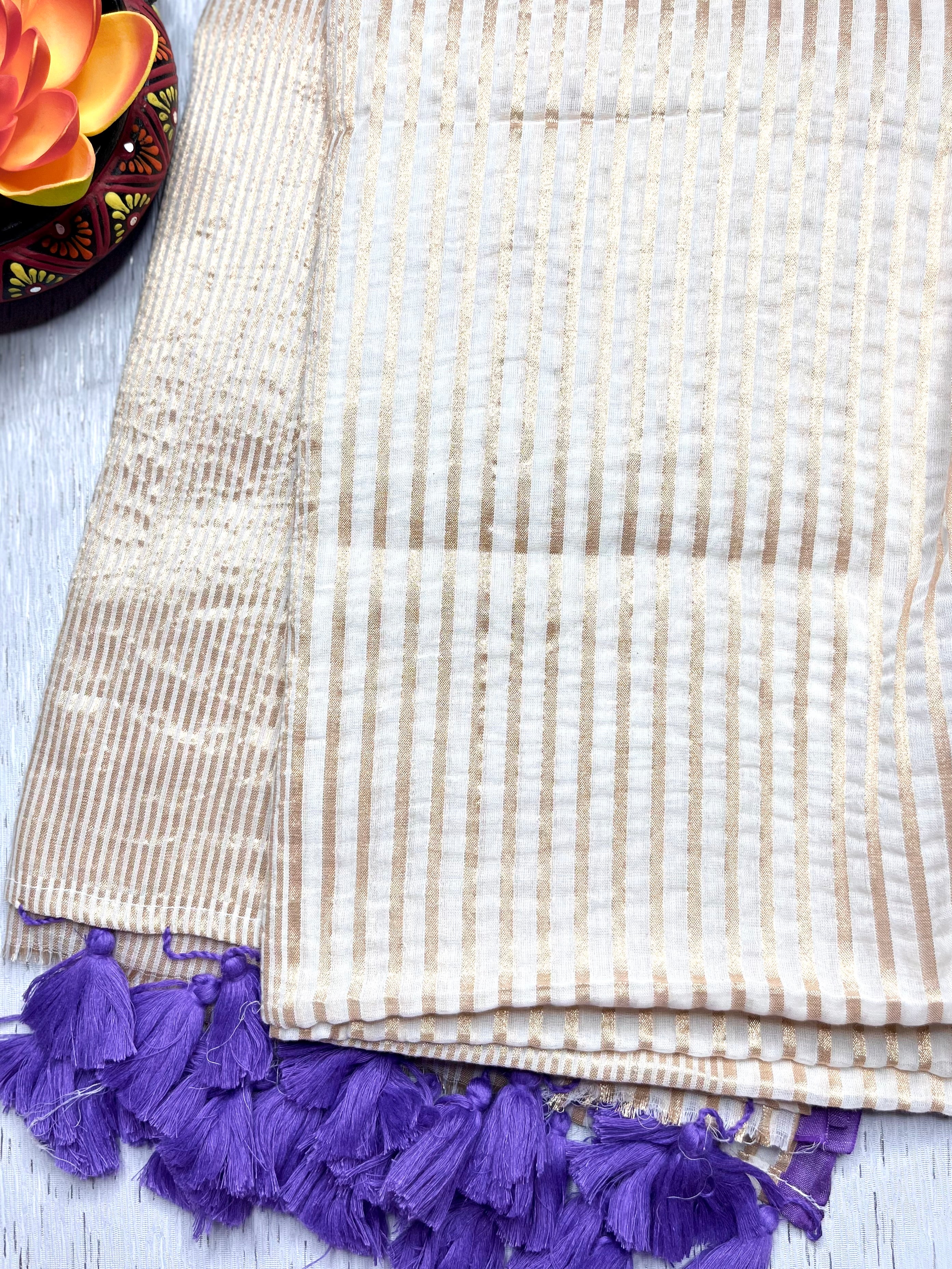 Handwoven Cotton Saree - Pearl White + Royal Purple