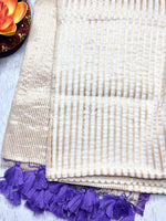 Load image into Gallery viewer, Handwoven Cotton Saree - Pearl White + Royal Purple
