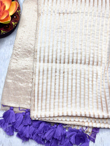 Handwoven Cotton Saree - Pearl White + Royal Purple