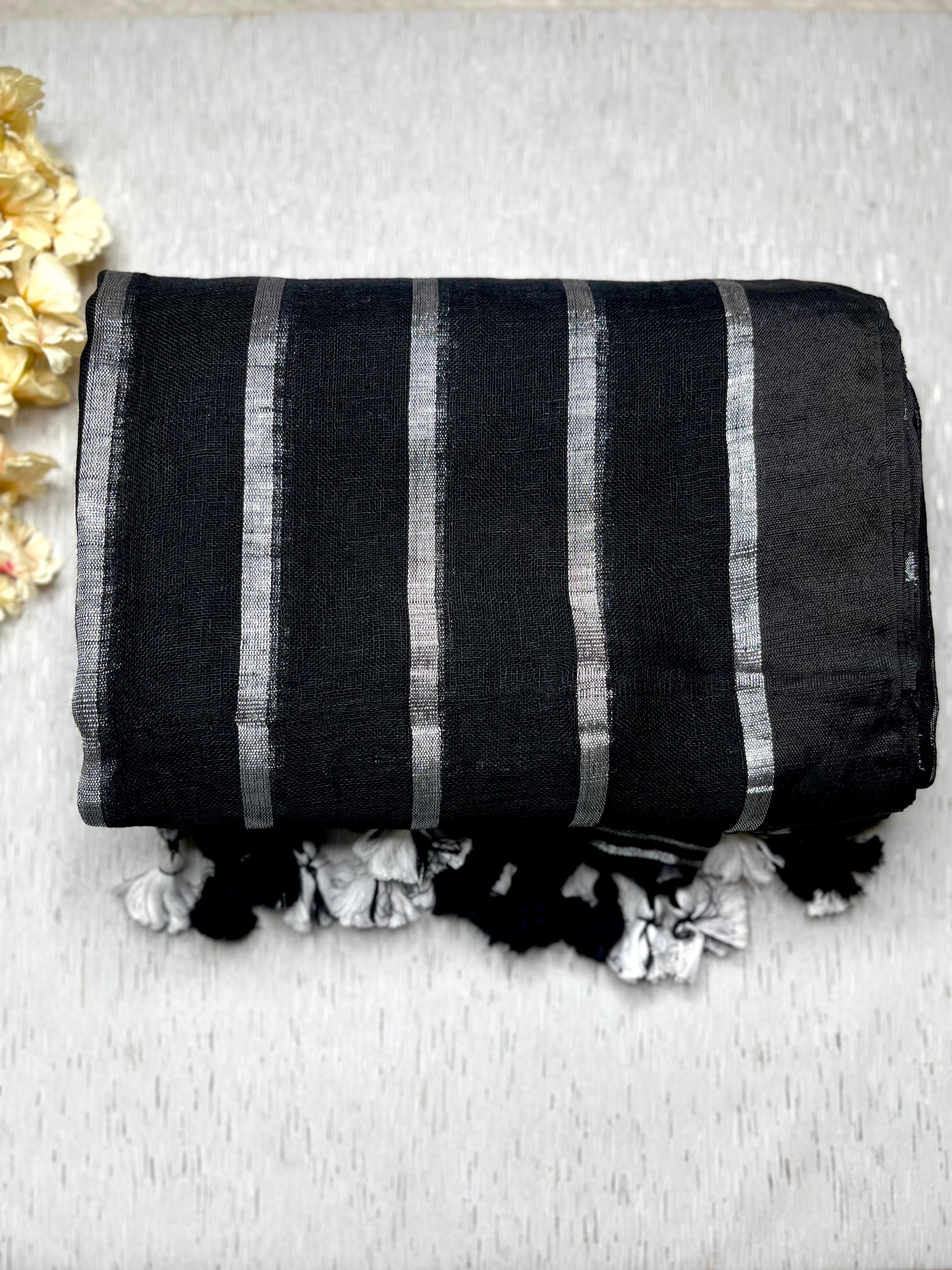 Handwoven Linen Saree - Black Pearl + Silver
