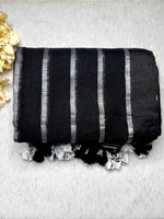 Load image into Gallery viewer, Handwoven Linen Saree - Black Pearl + Silver
