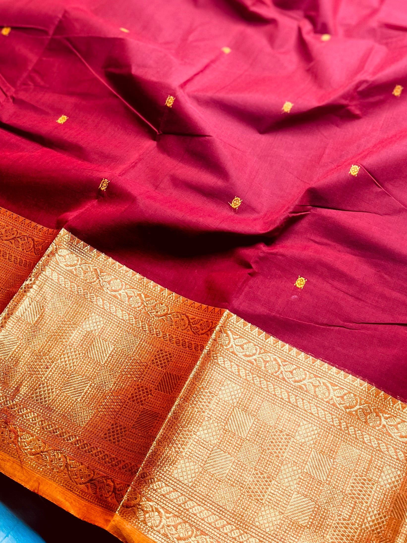 Chettinad Cotton Saree - Flush Maroon + Apricot yellow