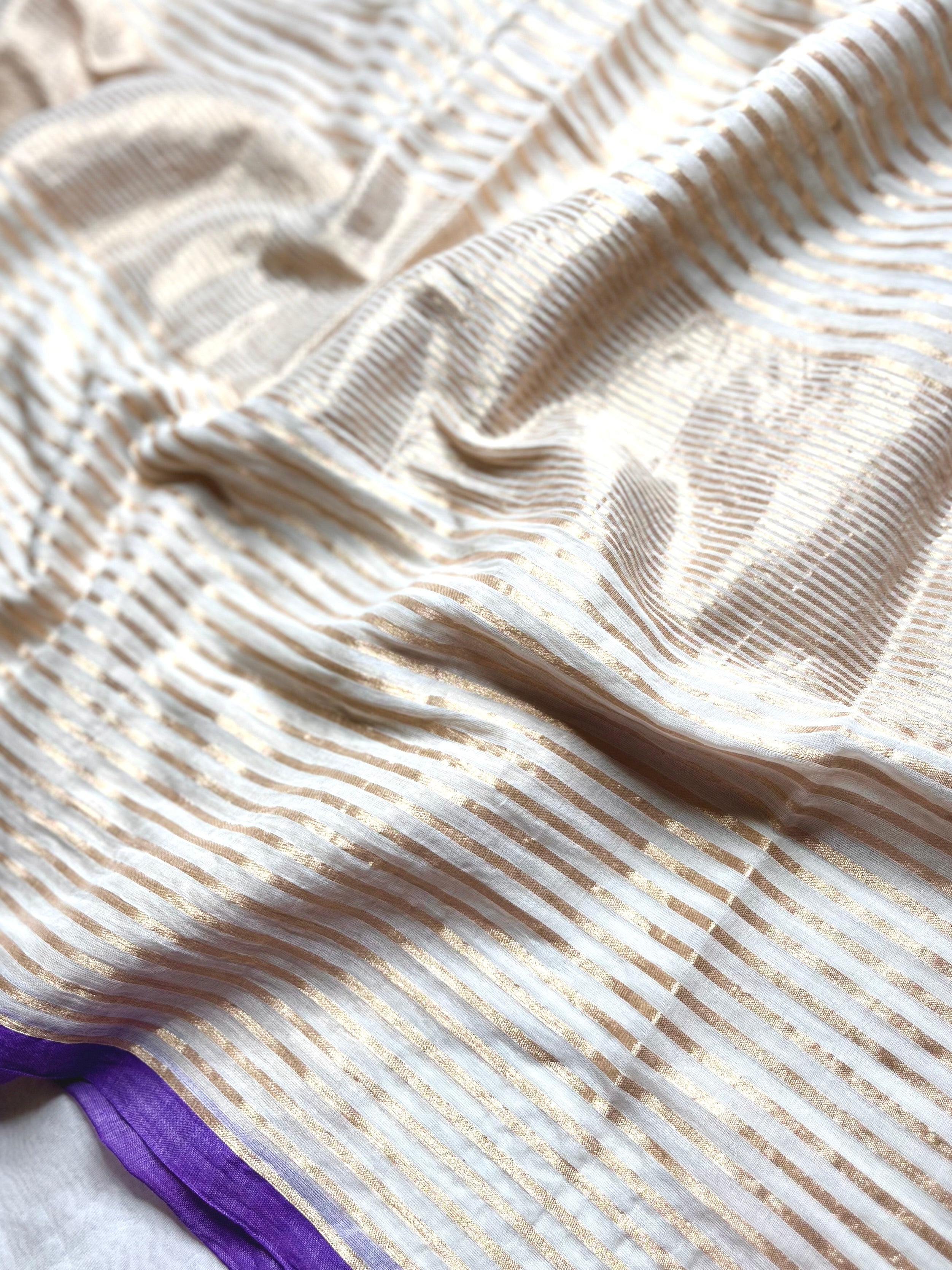 Handwoven Cotton Saree - Pearl White + Royal Purple