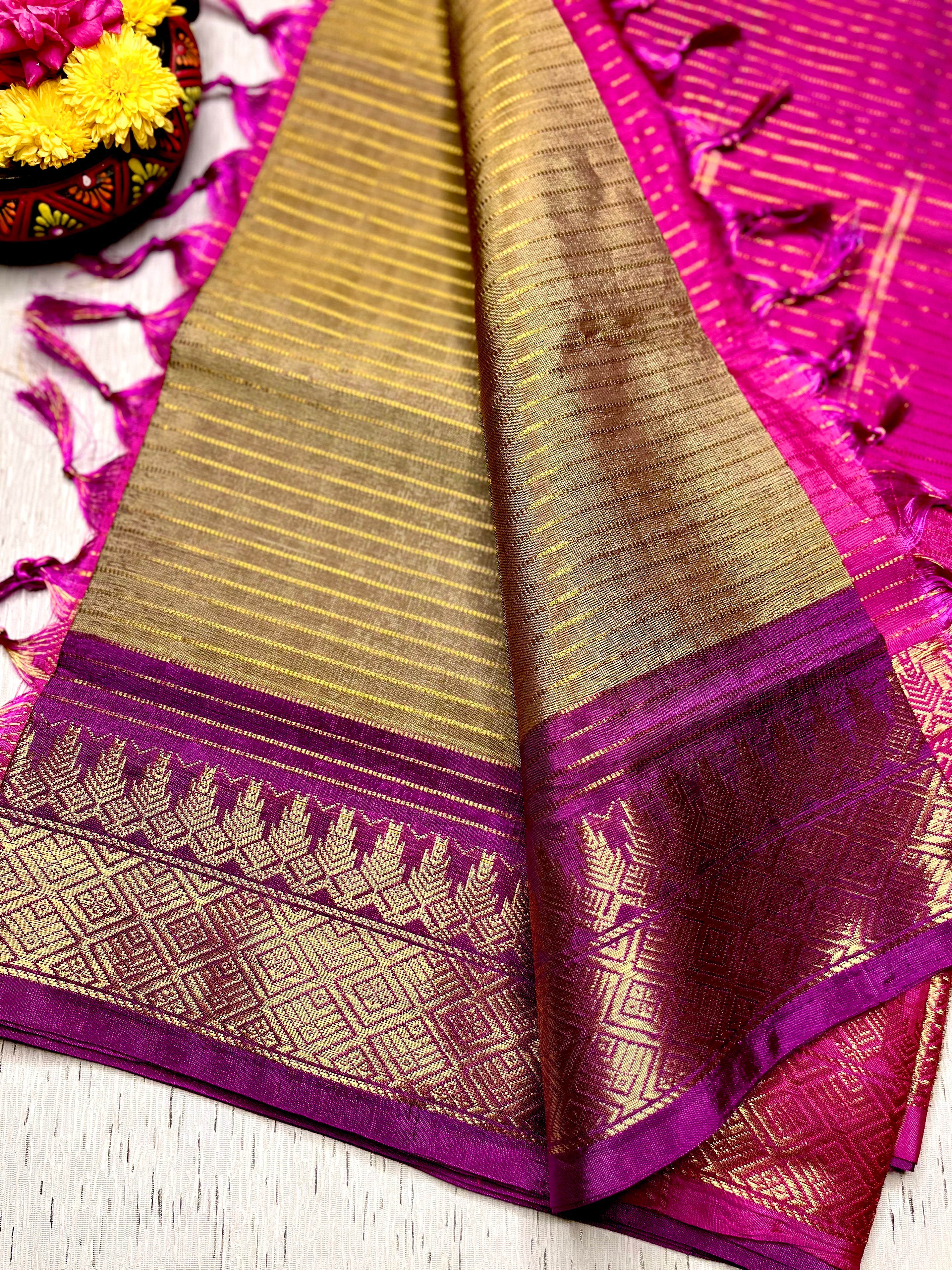 Handwoven Art Silk Saree -  Husk Brown + French Rose