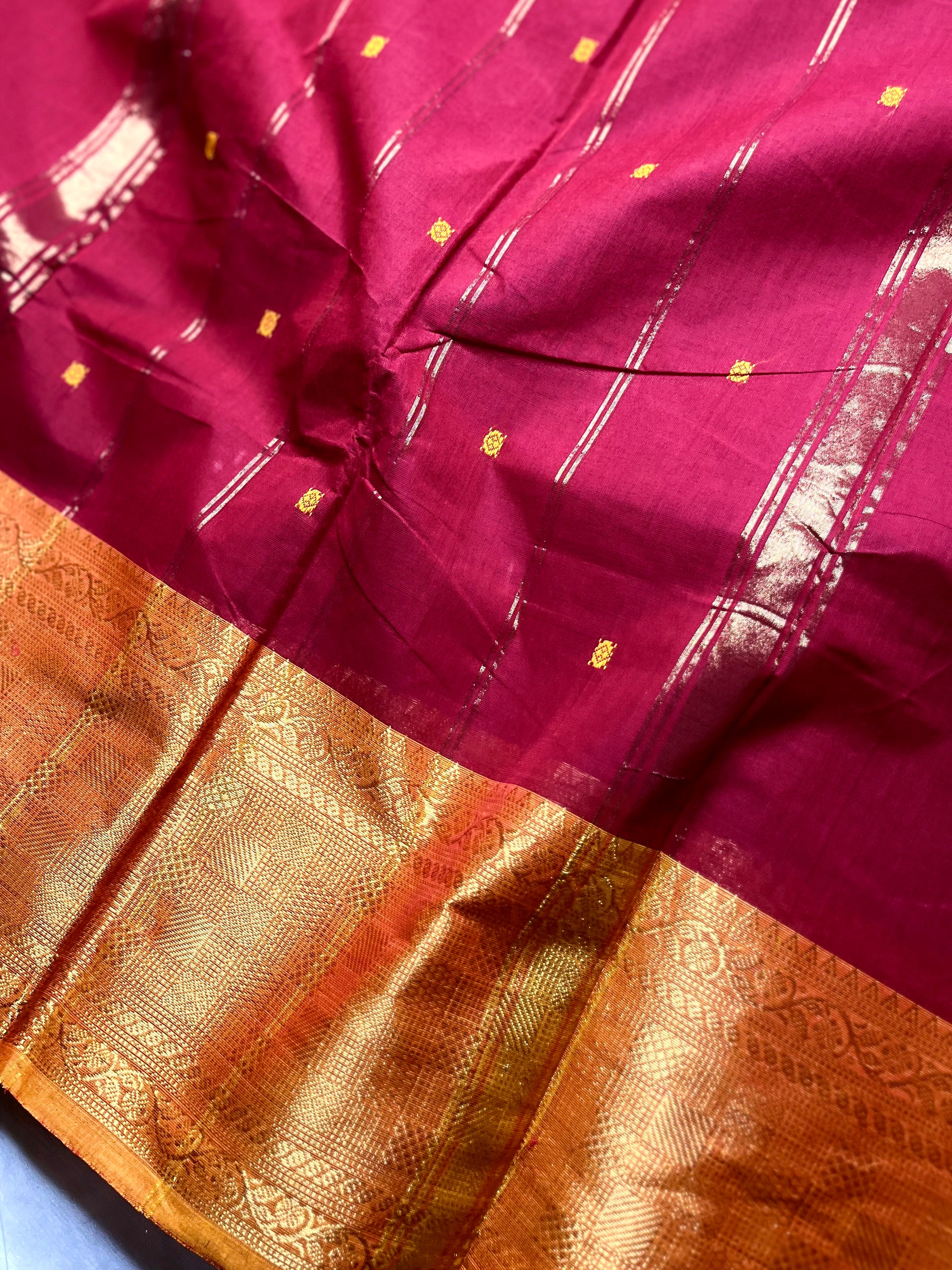Chettinad Cotton Saree - Flush Maroon + Apricot yellow