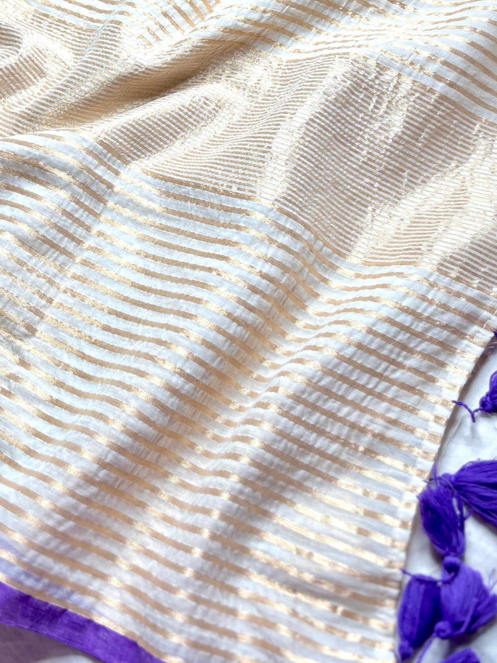 Handwoven Cotton Saree - Pearl White + Royal Purple