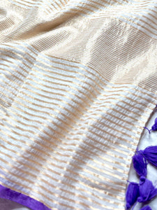 Handwoven Cotton Saree - Pearl White + Royal Purple