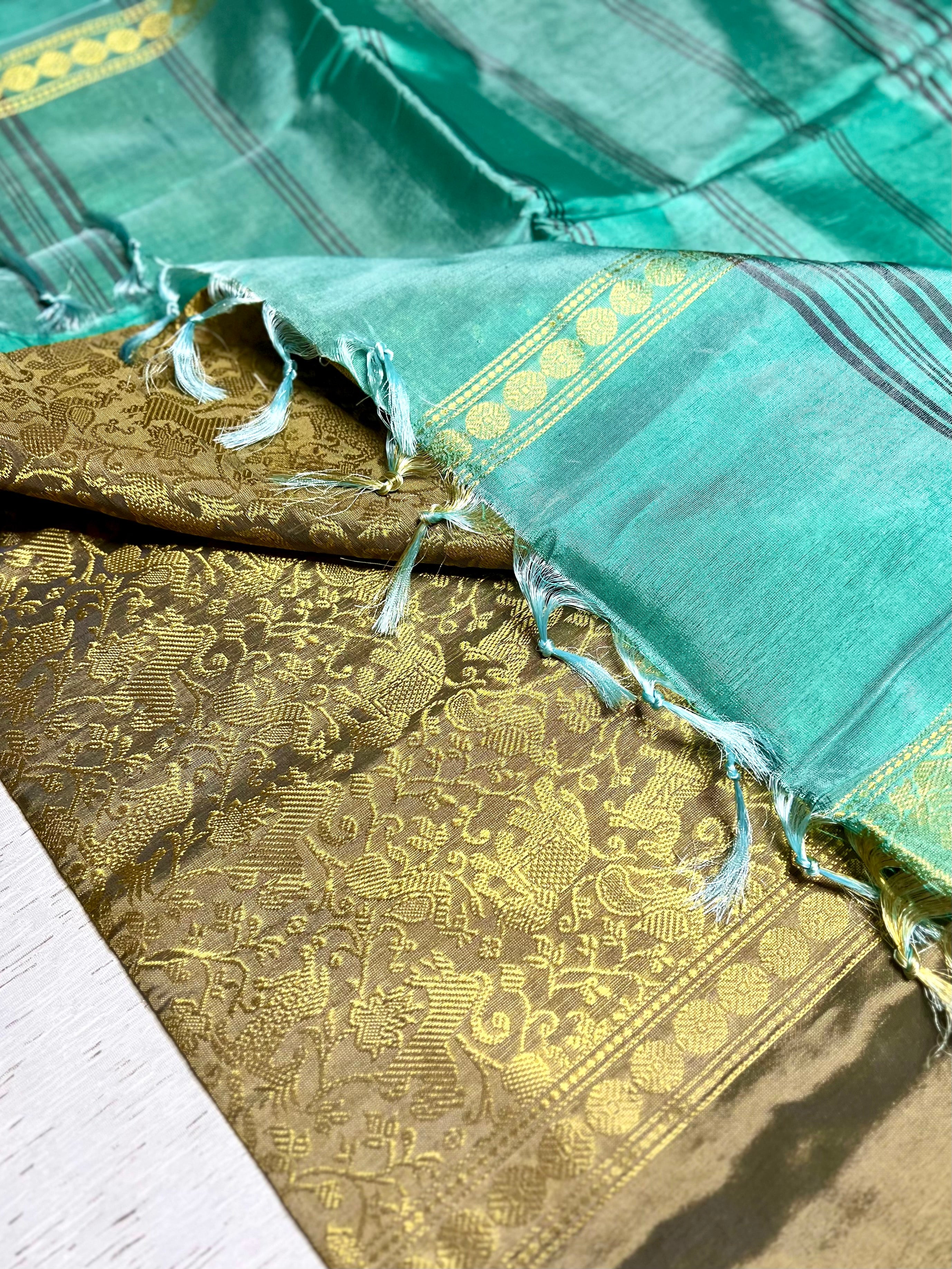 Handwoven Art Silk Saree -  Straw Brown Green + Fountain Blue