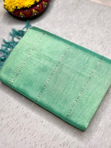 Handwoven Mangalgiri Silk Cotton Saree - Aqua Green + Havelock Blue