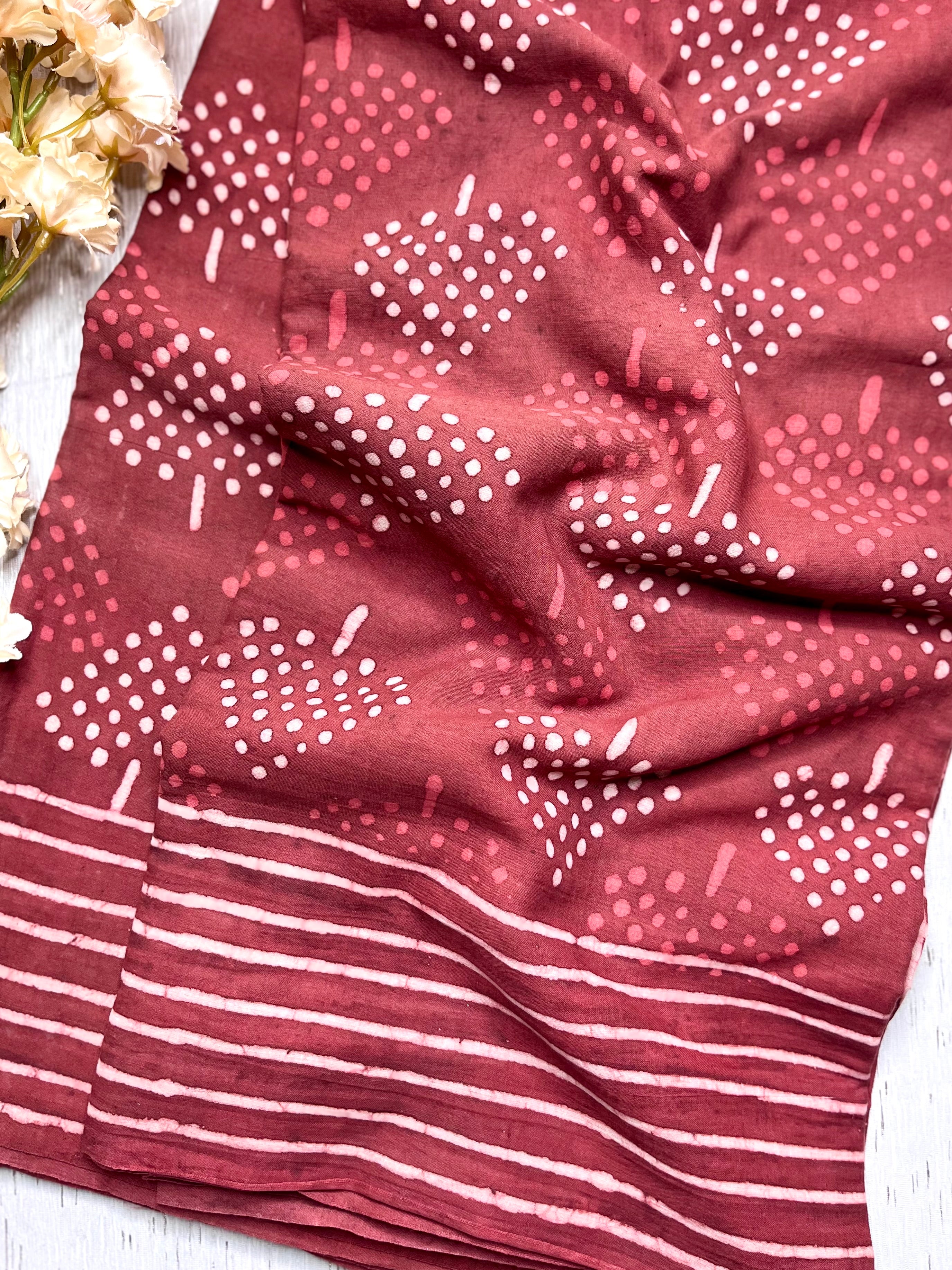 Handblock Printed Cotton Saree -  Amaranth Red  + Swiss Cream