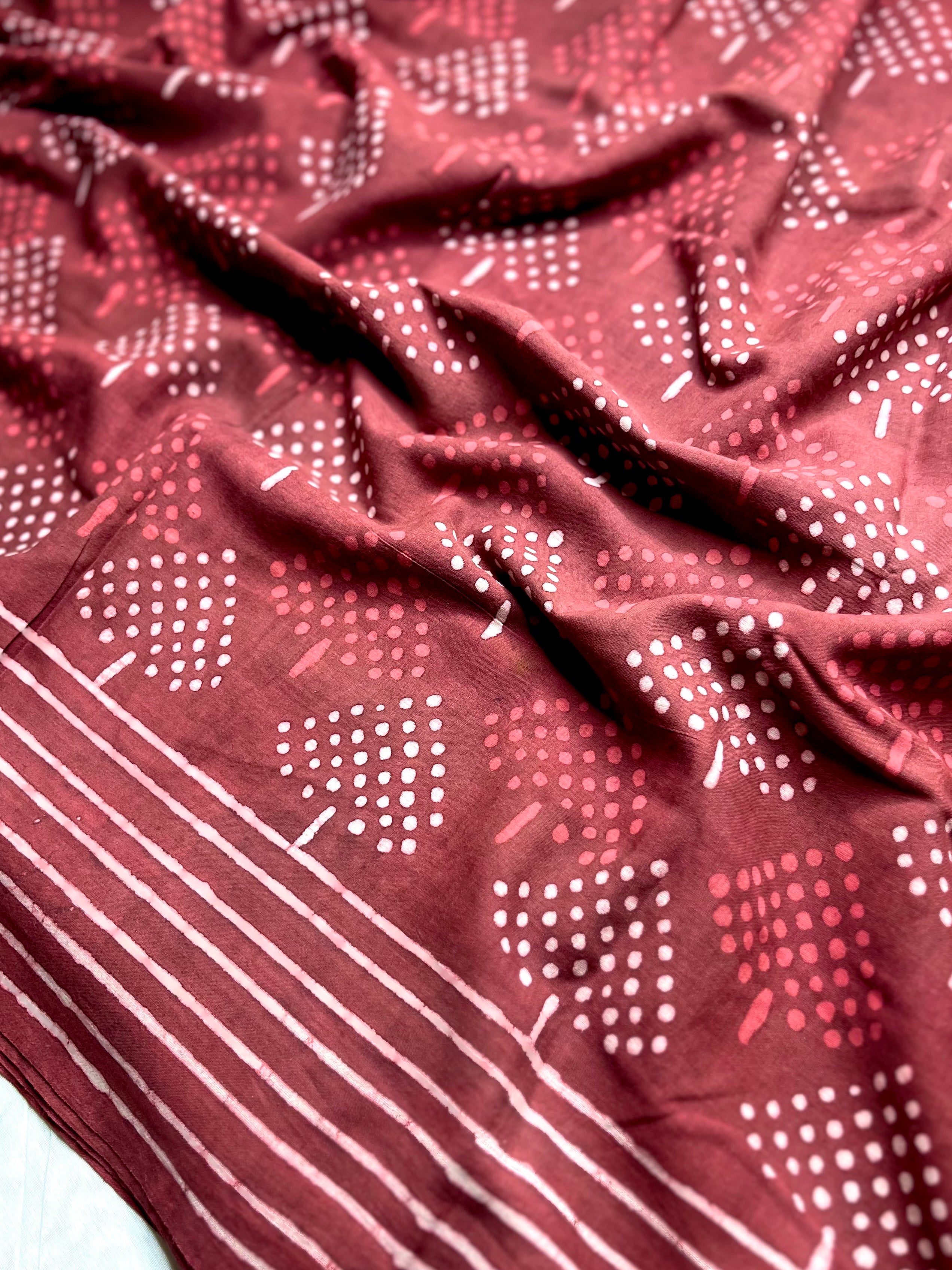 Handblock Printed Cotton Saree -  Amaranth Red  + Swiss Cream