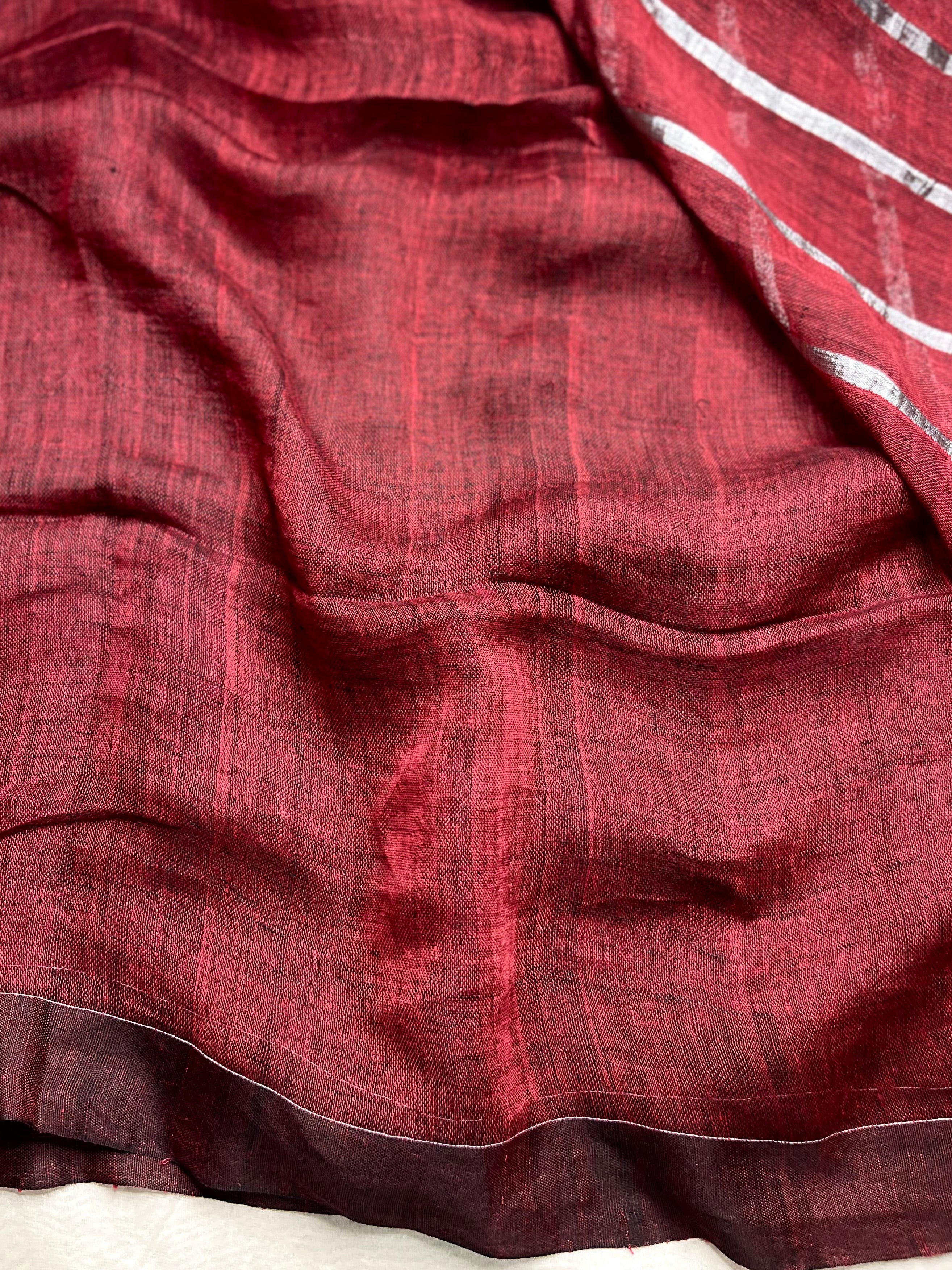 Handwoven Linen Saree - Cerise Maroon + Silver