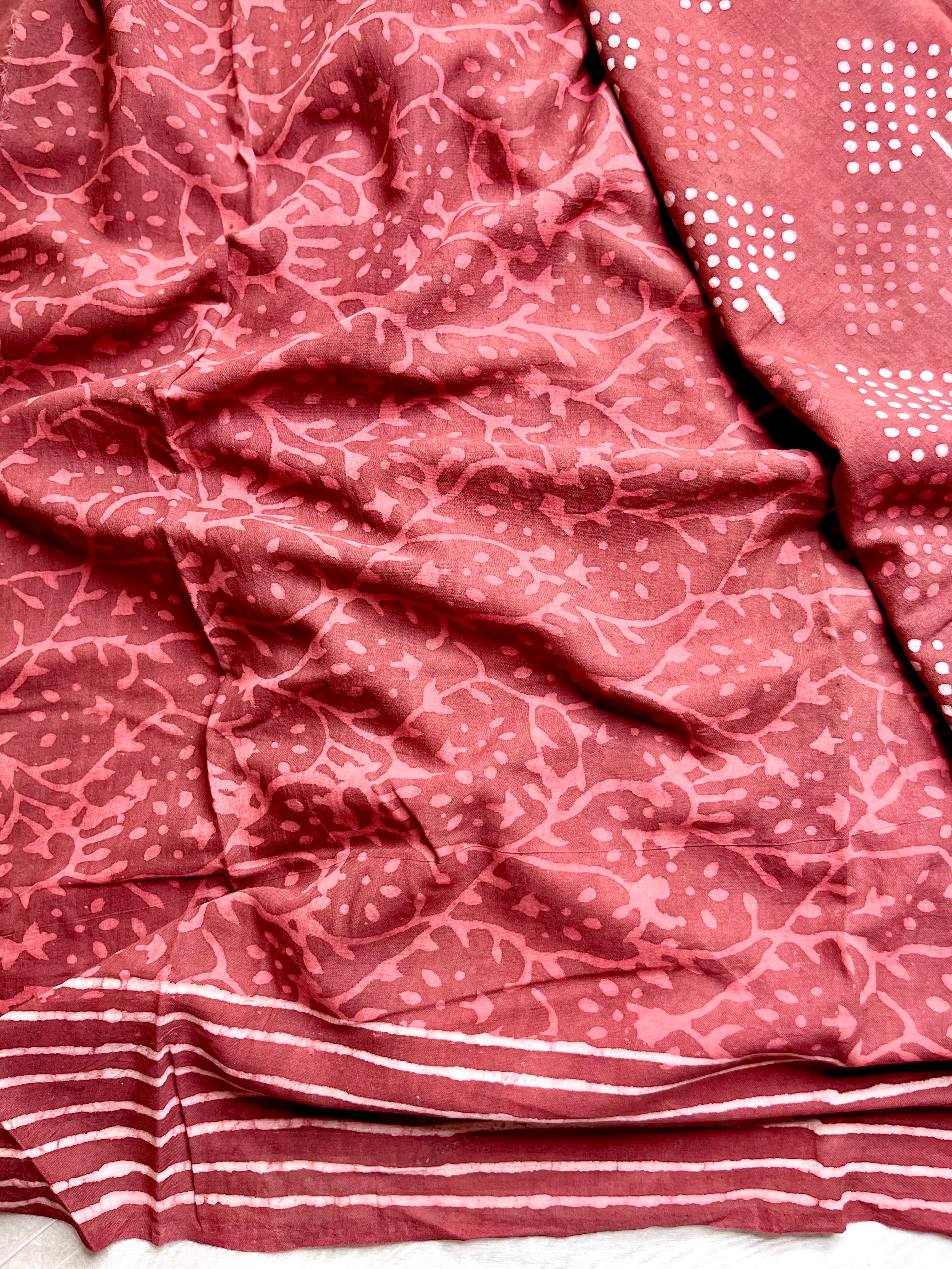 Handblock Printed Cotton Saree -  Amaranth Red  + Swiss Cream