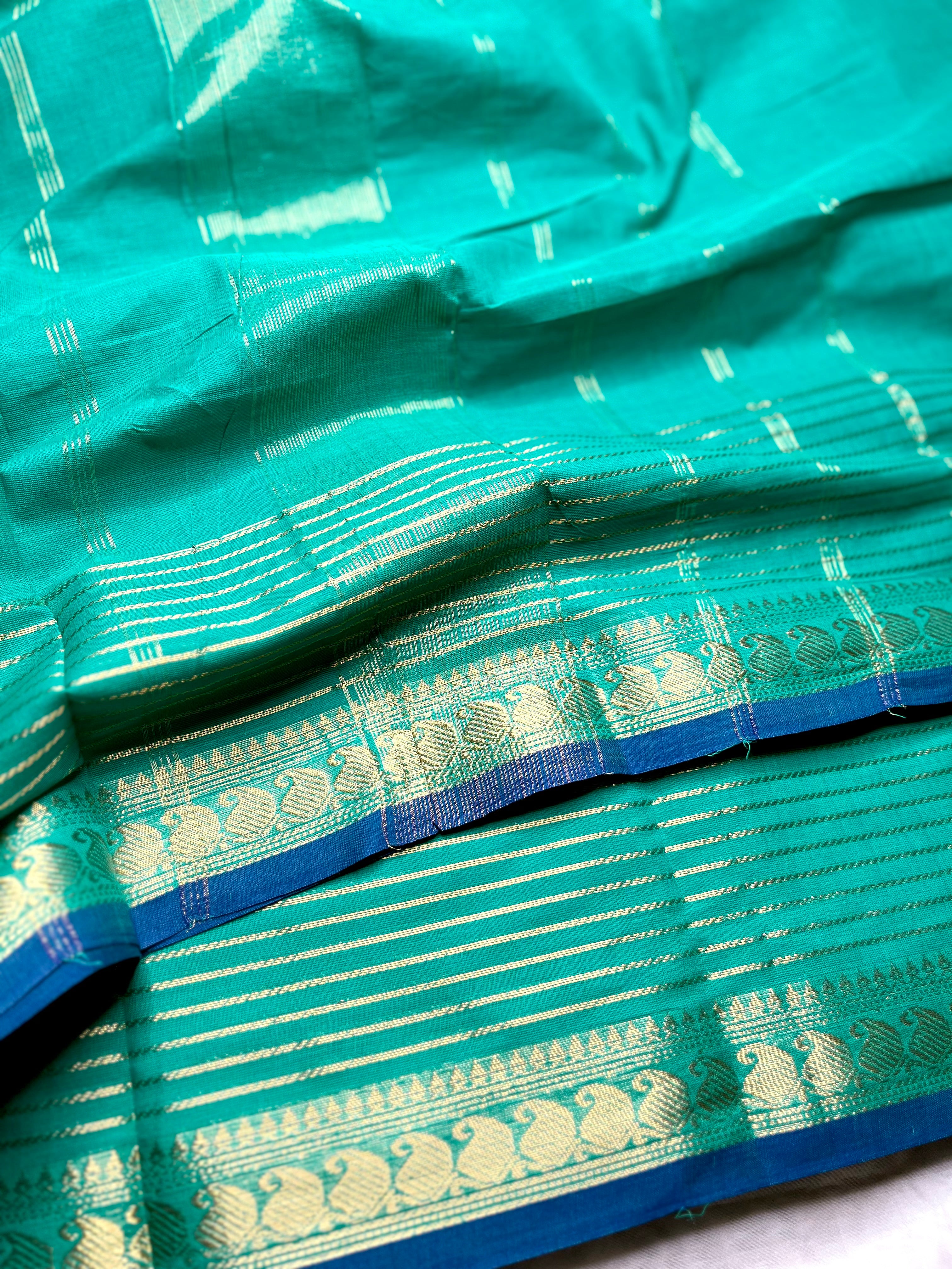 Chettinad Cotton Saree - Carribean Blue + Gold