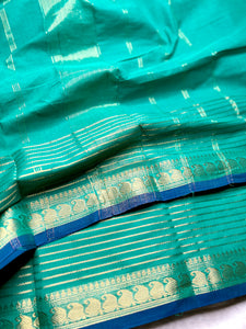 Chettinad Cotton Saree - Carribean Blue + Gold