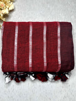 Load image into Gallery viewer, Handwoven Linen Saree - Cerise Maroon + Silver
