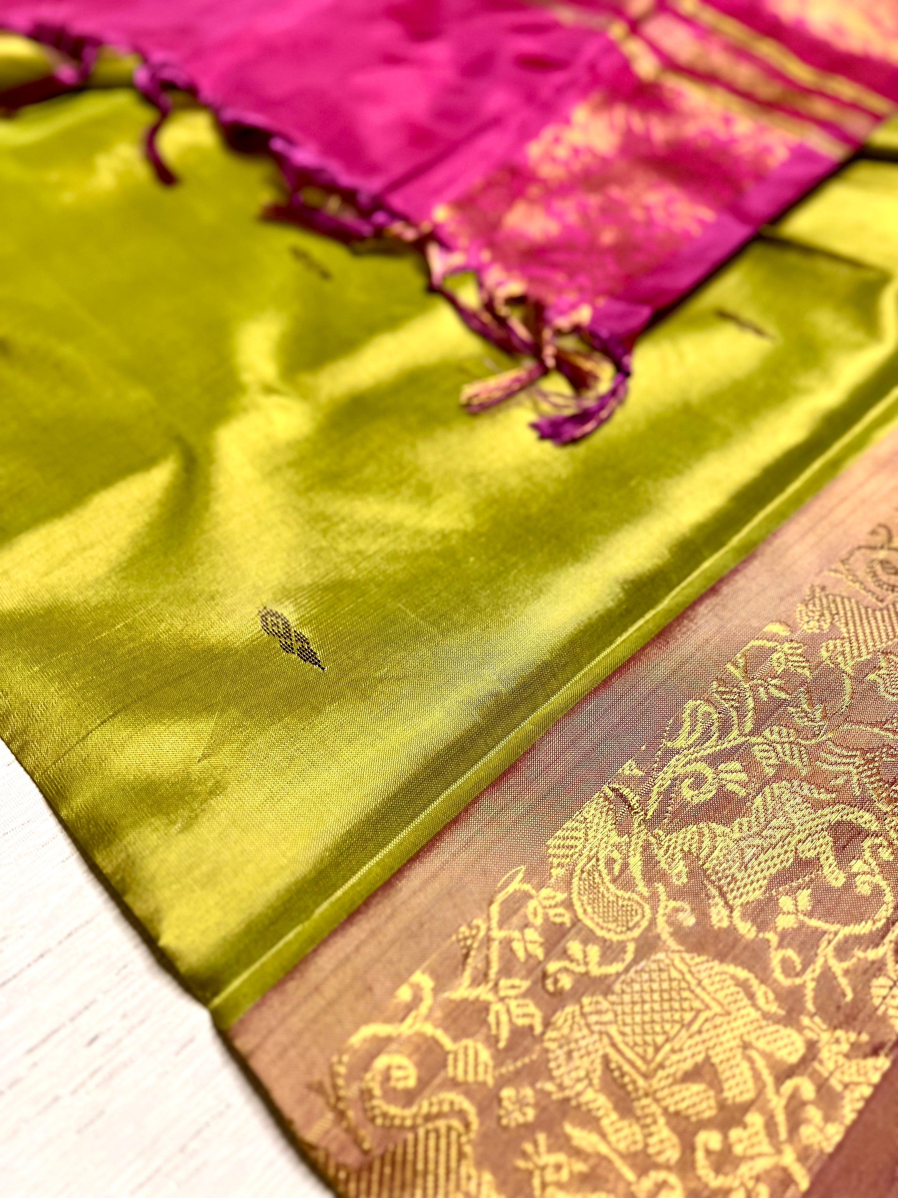 Handwoven Art Silk Saree -  Lime Green + Cerise Pink