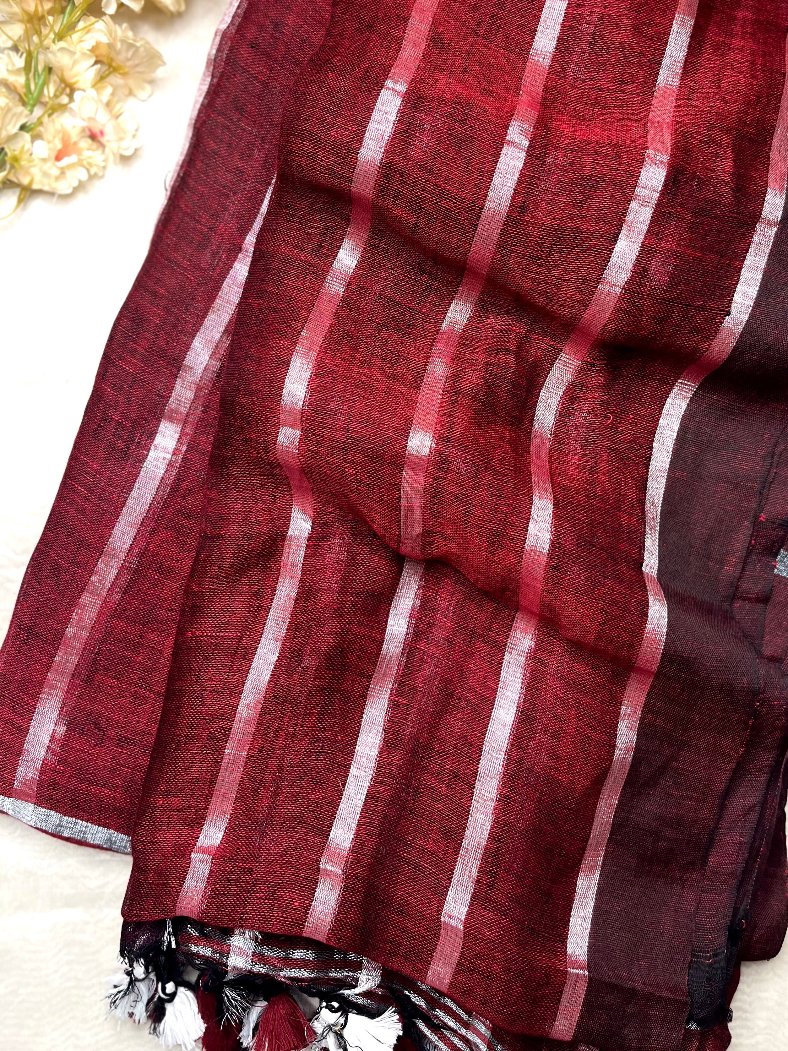 Handwoven Linen Saree - Cerise Maroon + Silver