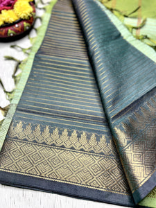 Handwoven Art Silk Saree - Zodiac Blue + Smoke Green