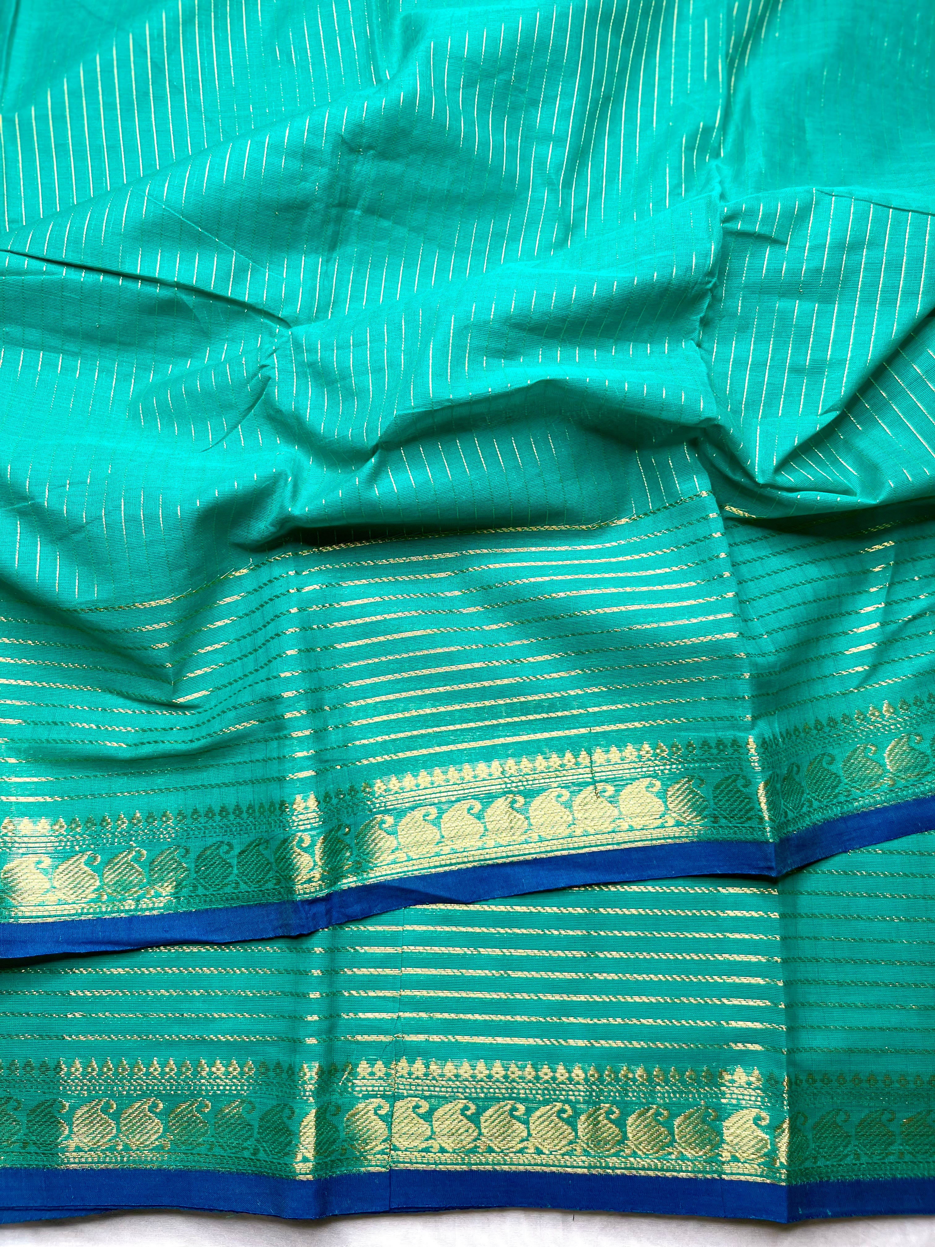 Chettinad Cotton Saree - Carribean Blue + Gold