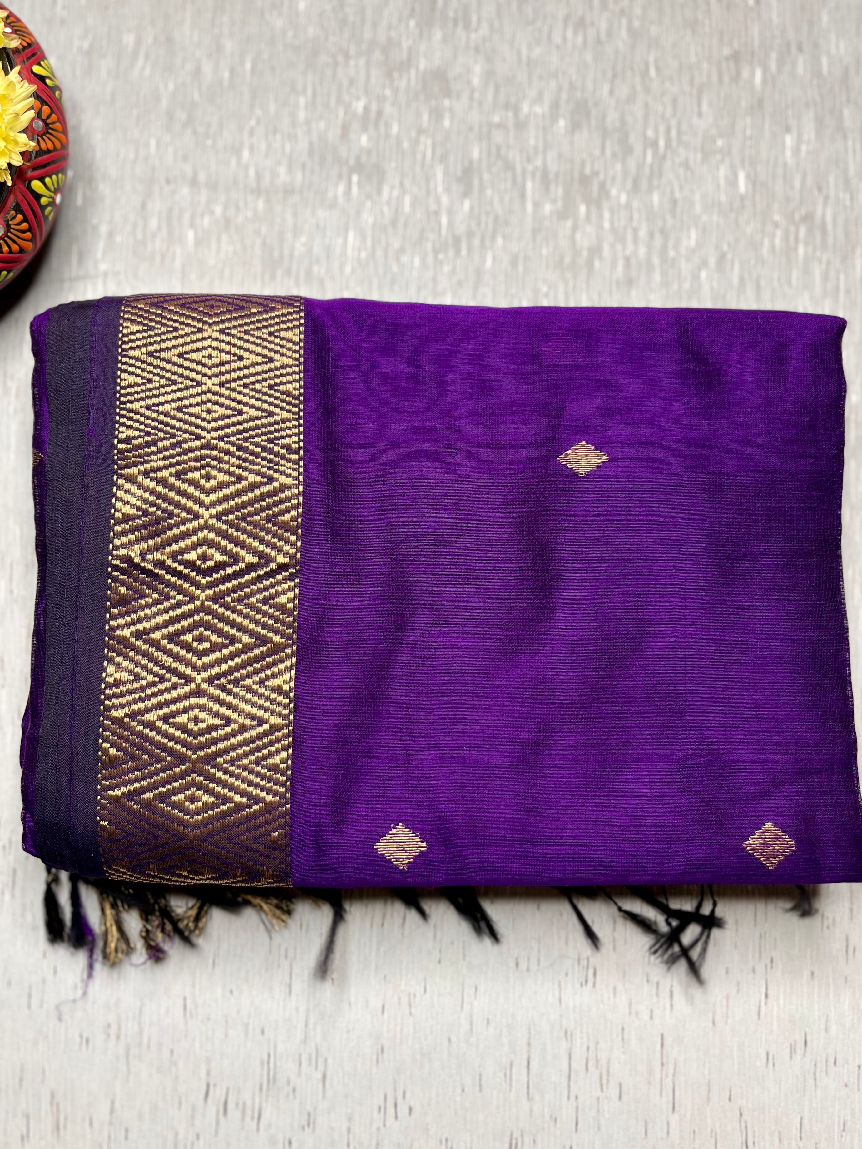 Handwoven Maheshwari Silk Cotton Saree - Eggplant Violet + Gold