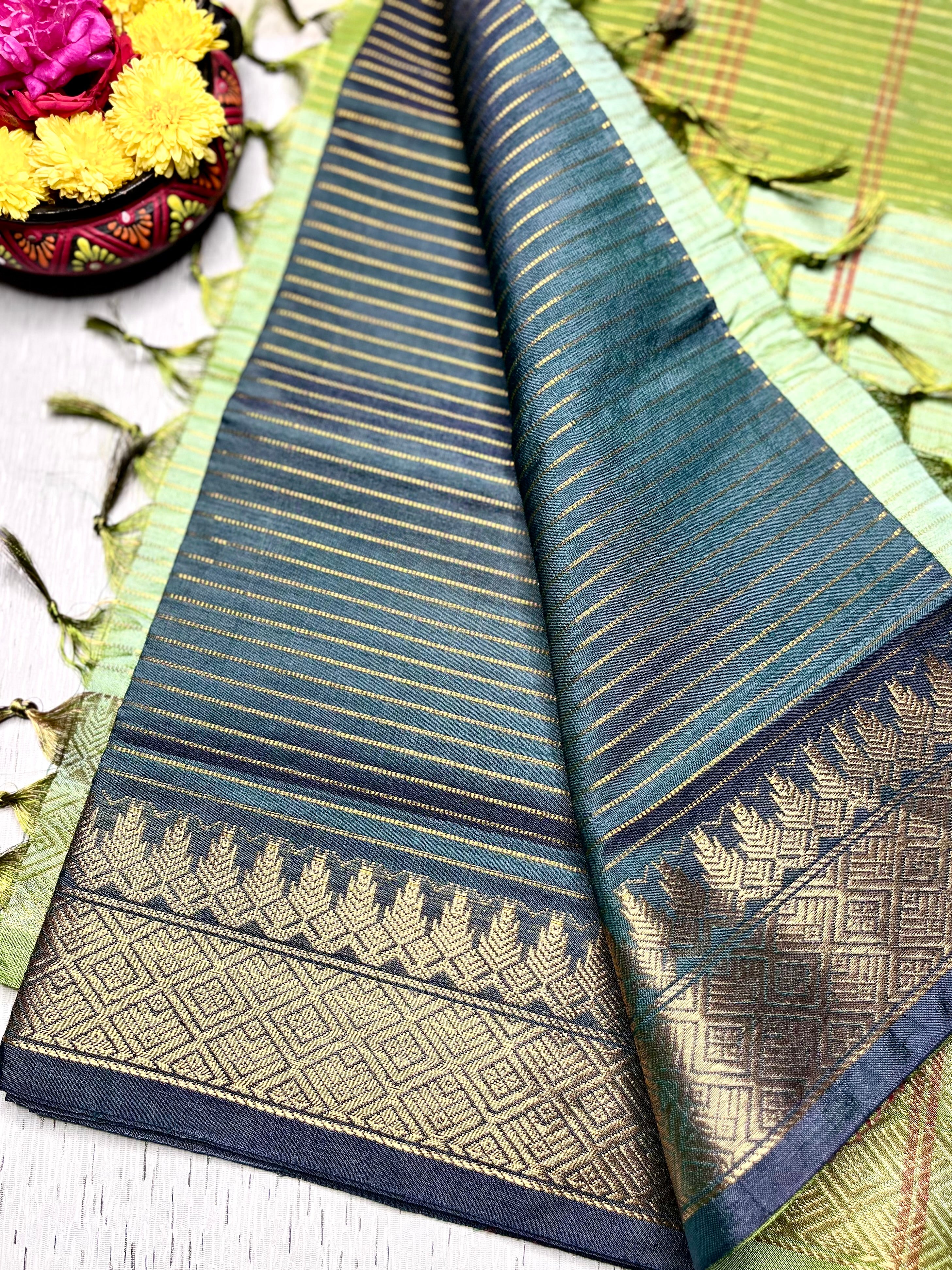 Handwoven Art Silk Saree - Zodiac Blue + Smoke Green