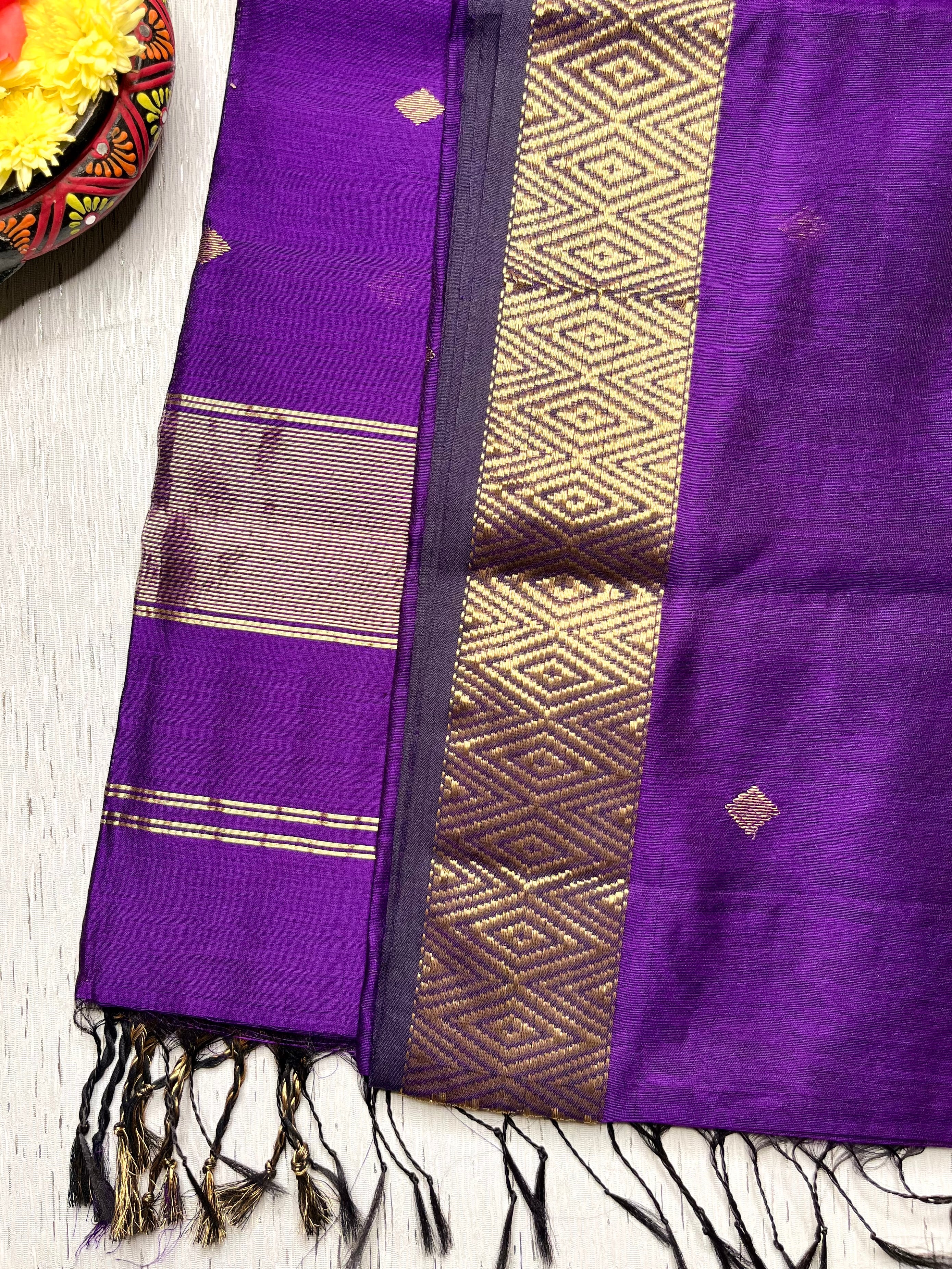 Handwoven Maheshwari Silk Cotton Saree - Eggplant Violet + Gold
