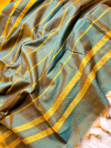 Handwoven Mangalgiri Silk Cotton Saree - Bright Sun + Steel Blue