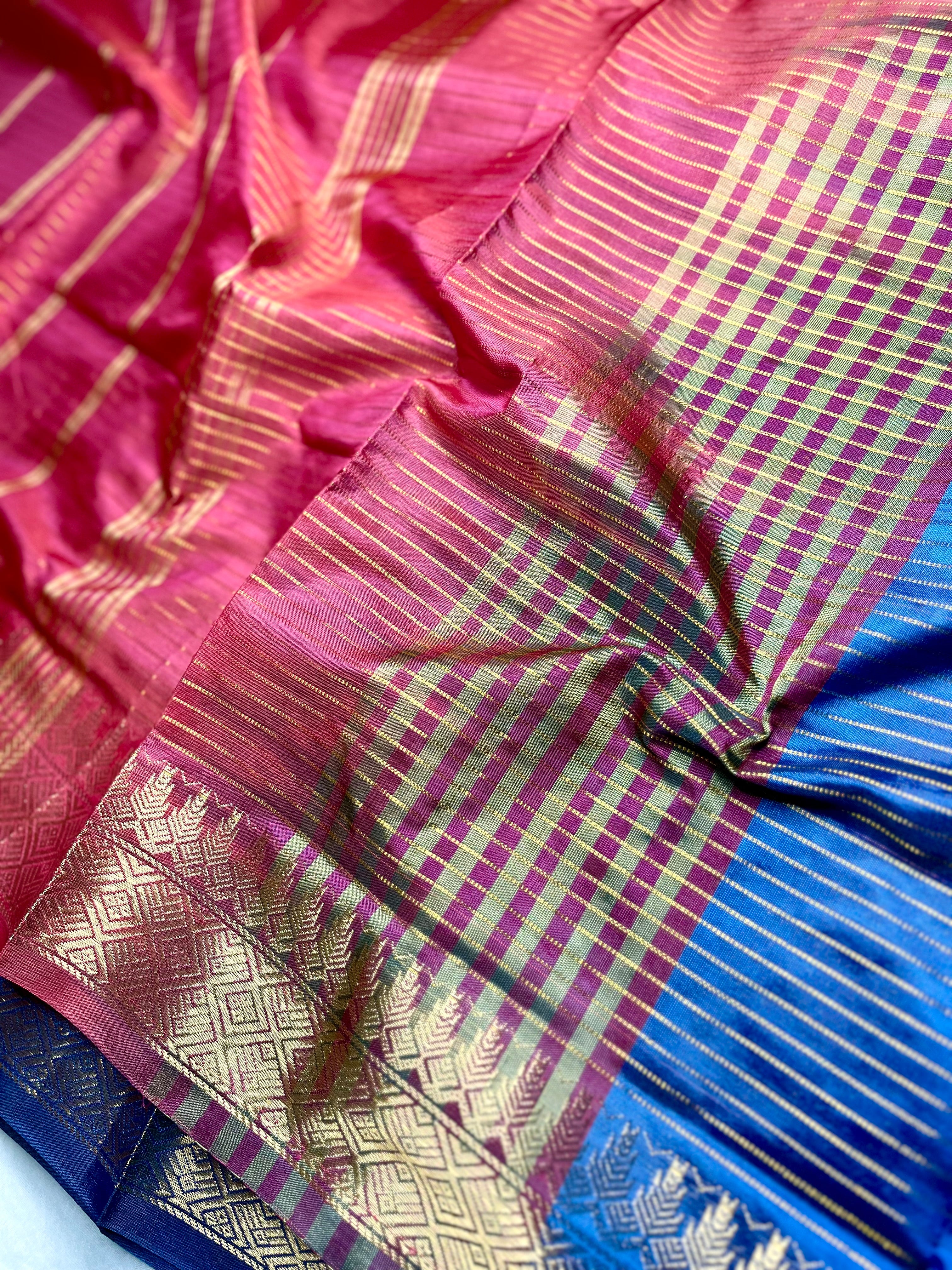 Handwoven Art Silk Saree -  Fun Blue +Thunderbird Red