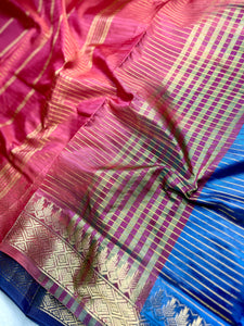 Handwoven Art Silk Saree -  Fun Blue +Thunderbird Red