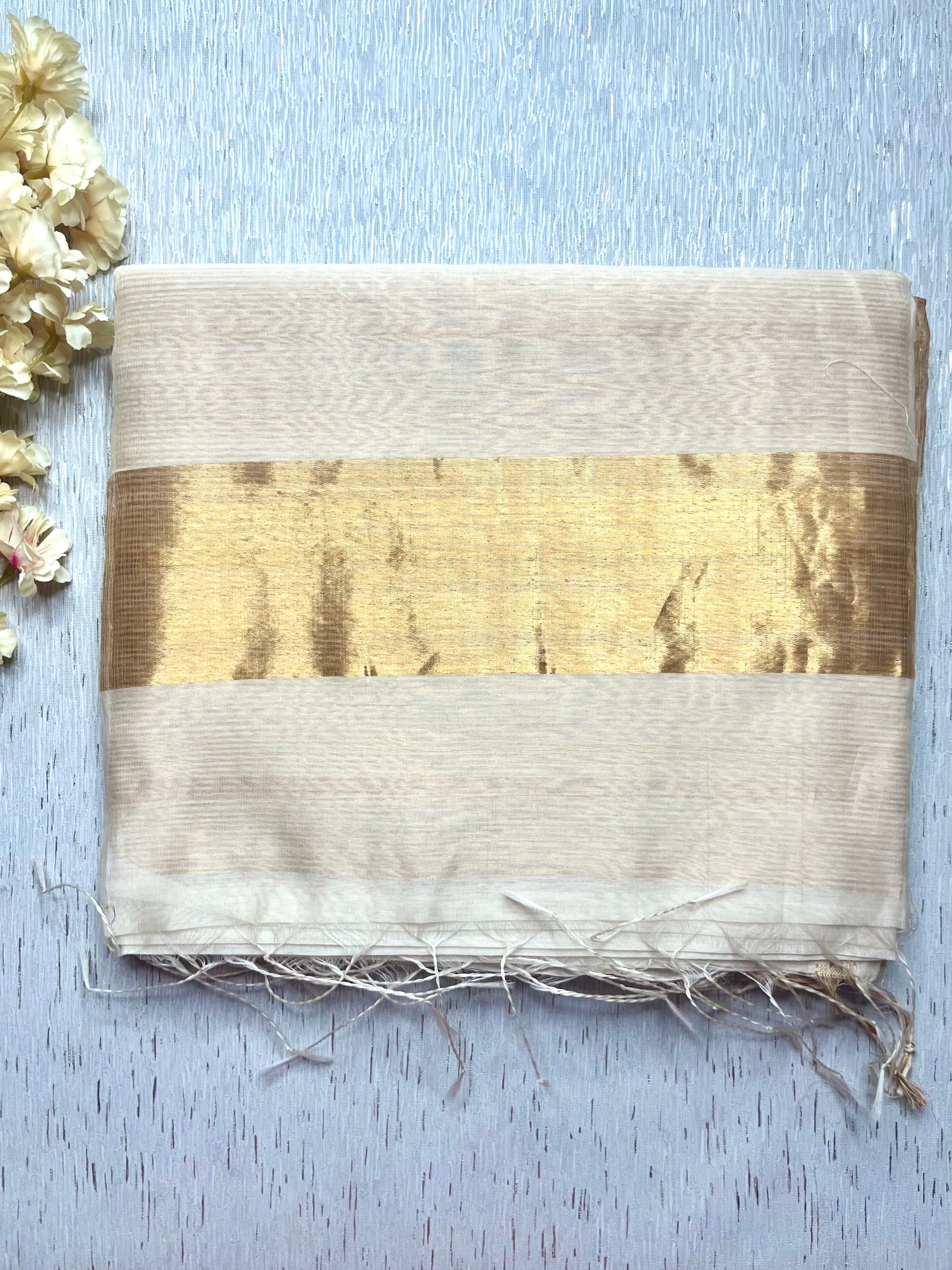Handwoven Silk Cotton Saree - Cream + Gold