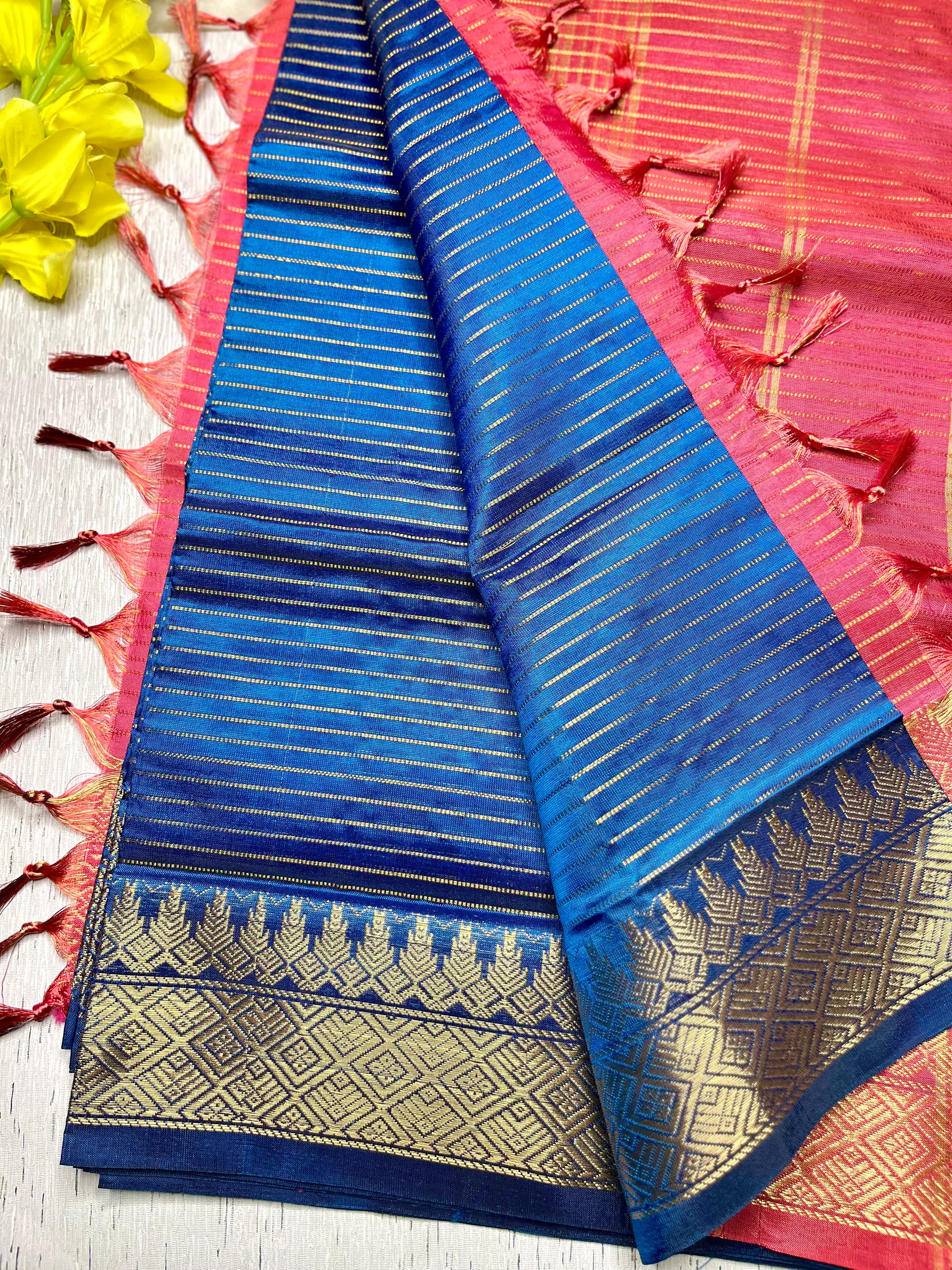 Handwoven Art Silk Saree -  Fun Blue +Thunderbird Red