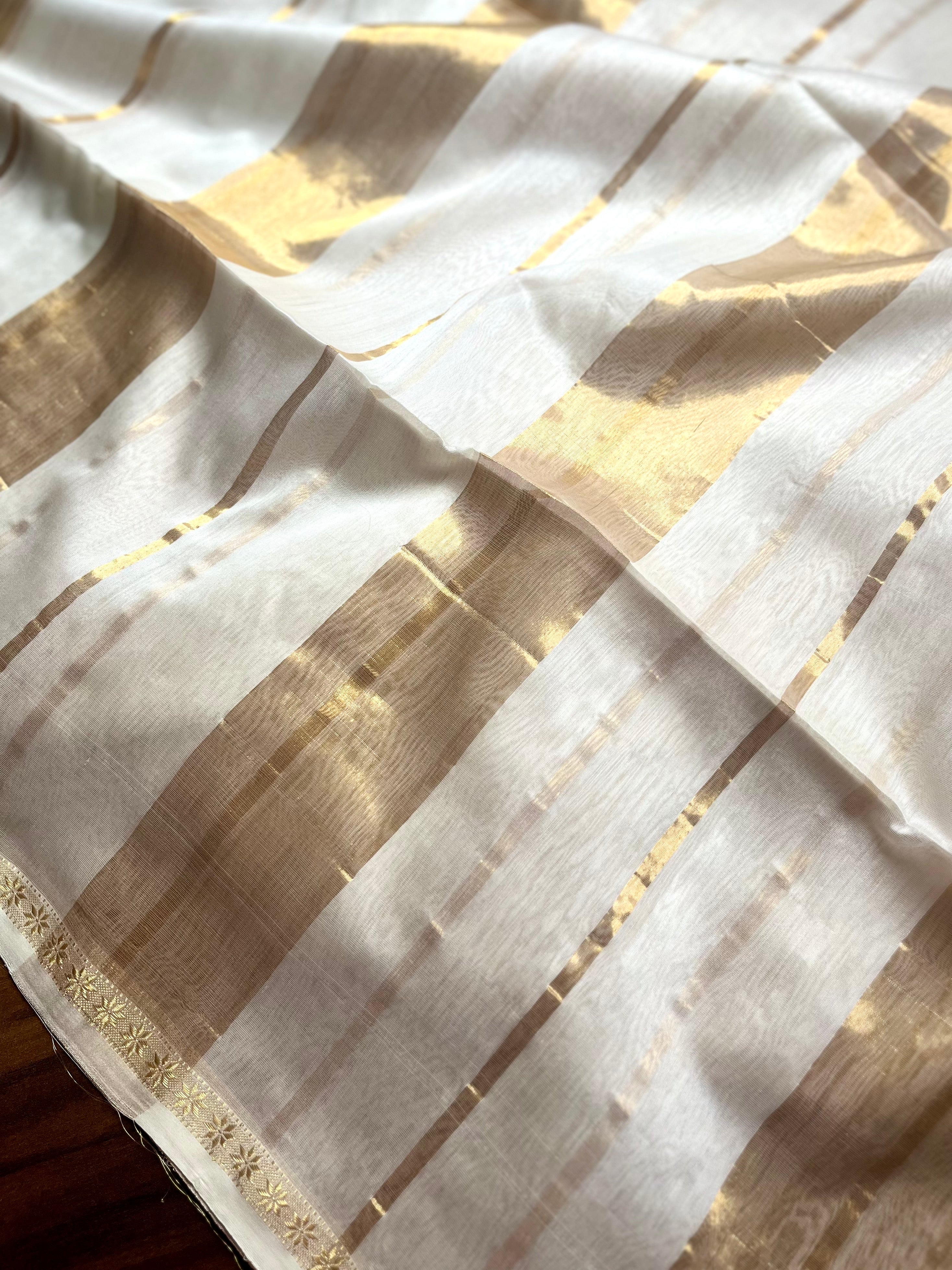 Handwoven Silk Cotton Saree - Cream + Gold