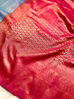 Load image into Gallery viewer, Soft Silk Saree  - Steel Blue + Cannon Red

