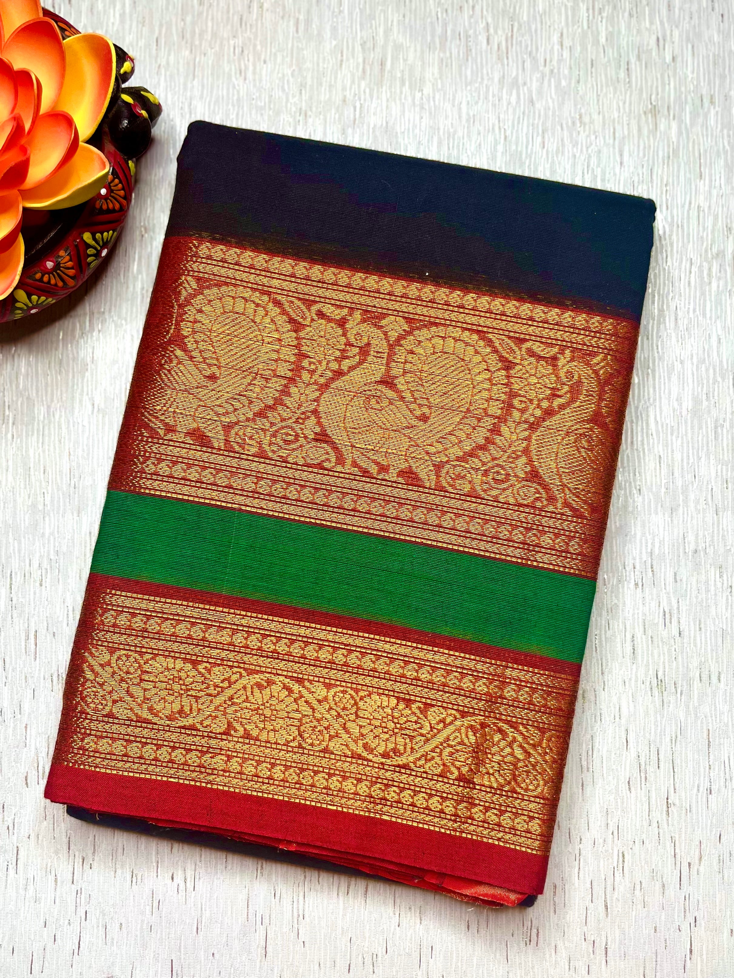 Chettinad Cotton Saree - Pearl Black + Cerise Red