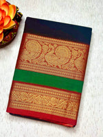 Load image into Gallery viewer, Chettinad Cotton Saree - Pearl Black + Cerise Red
