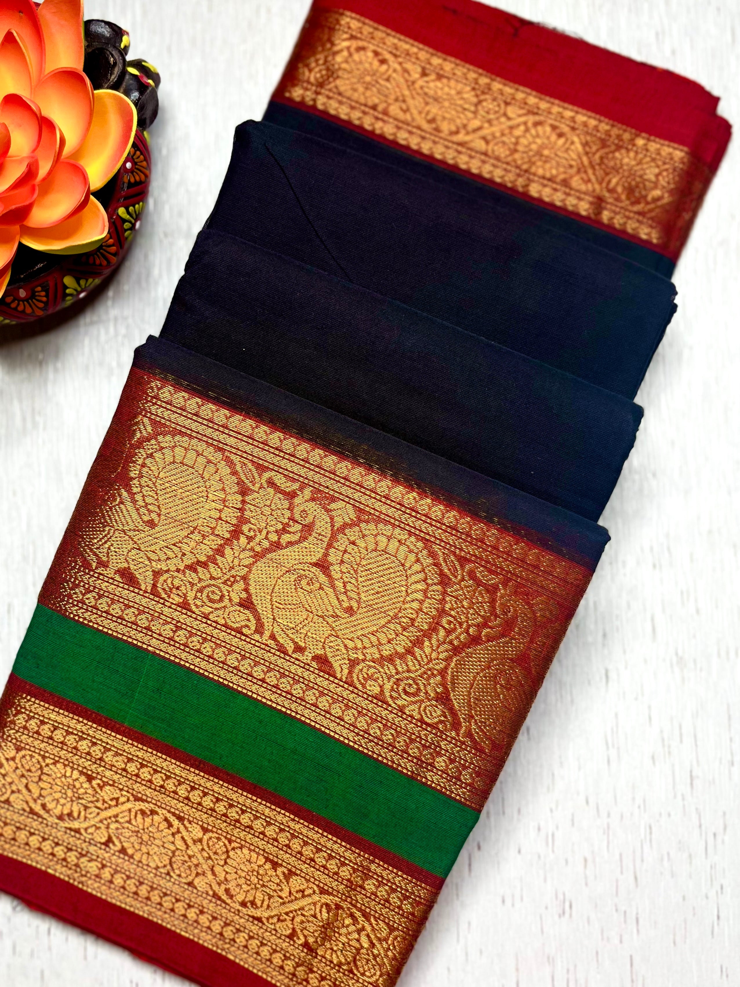 Chettinad Cotton Saree - Pearl Black + Cerise Red